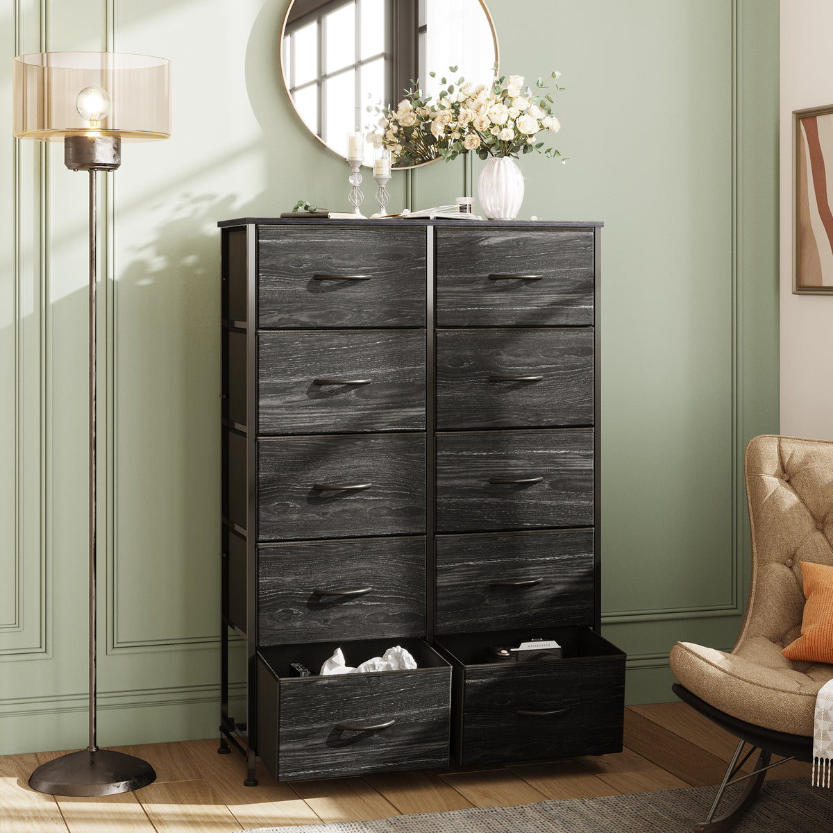 GALAXHERO Tall Dresser 10 Fabric Drawers, Storage Tower with Cabinet, Metal Frame, Wooden Top, Organizer Units for Bedroom, Living Room, Closet, Clothing