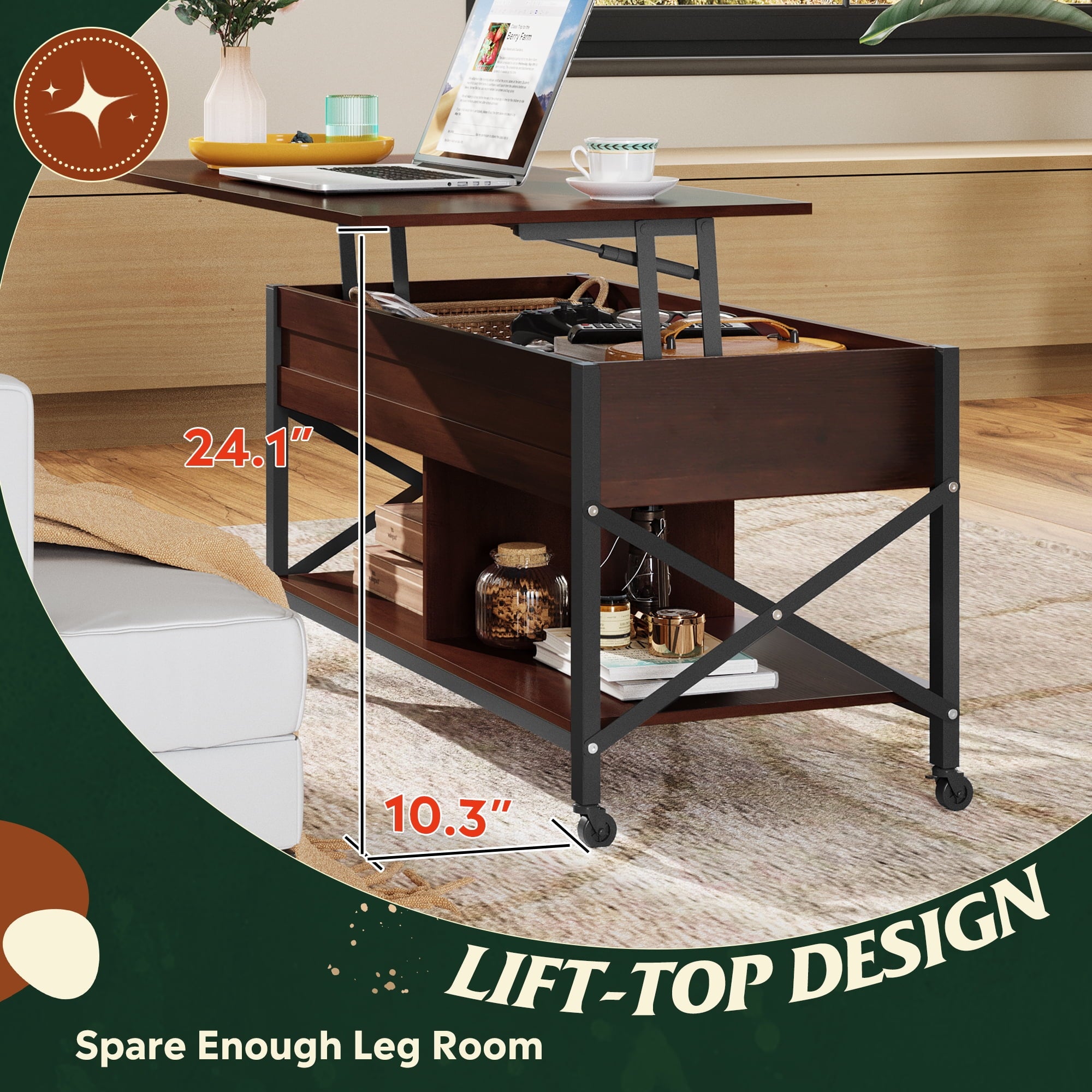 GALAXHERO Coffee Table, 41.3" Lift Top Coffee Table with 4 Wheels, Hidden Compartment, Storage Shelf and Lift Tabletop for Living Room, Reception Room