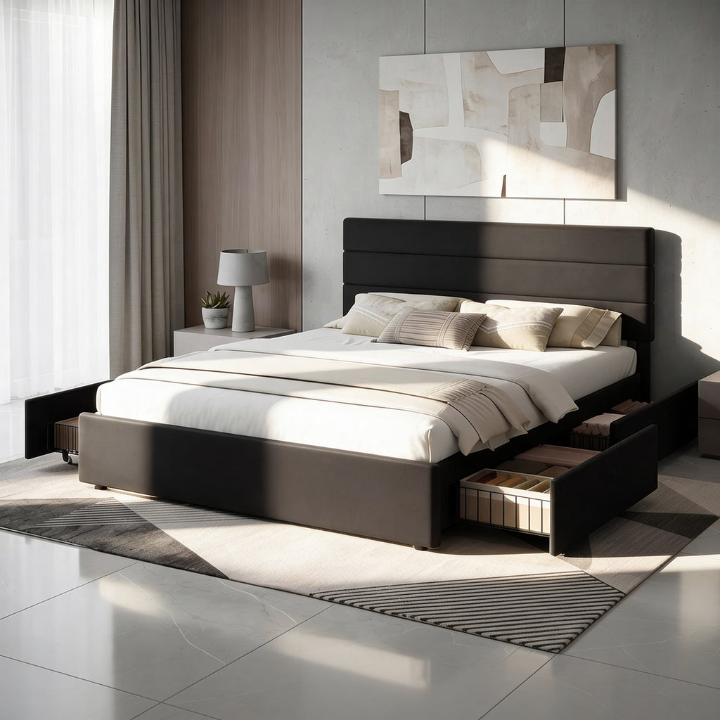 GALAXHERO King Size Upholstered Bed Frame with 4 Storage Drawers and Headboard, Velvet Platform Bedframe, Sturdy Metal & Wooden Slats Support, No Box Spring Needed, Easy Assembly