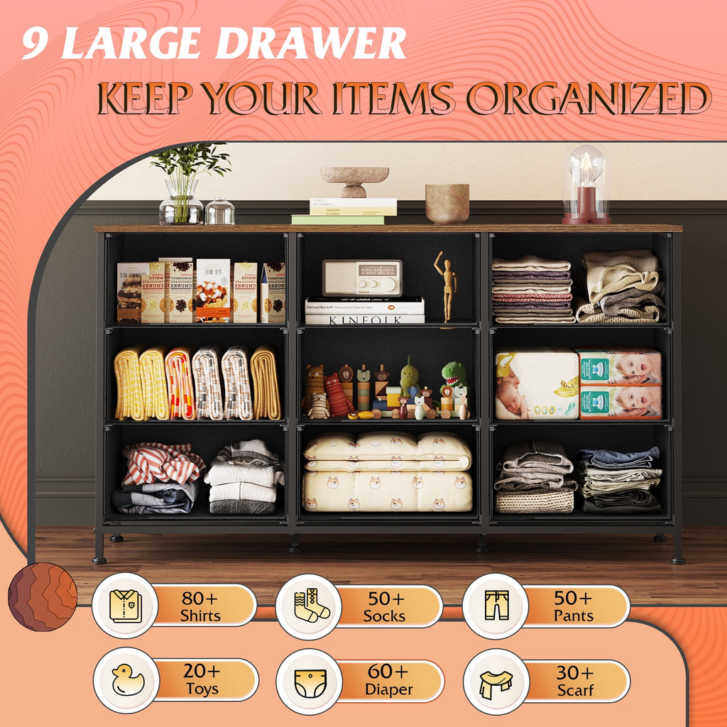 GALAXHERO Fabric Dresser for Bedroom, 9 Drawers Dresser with Wood Top, TV Stand for 55'' TV,  Chest of Drawers for Closet, Living Room,  47''W