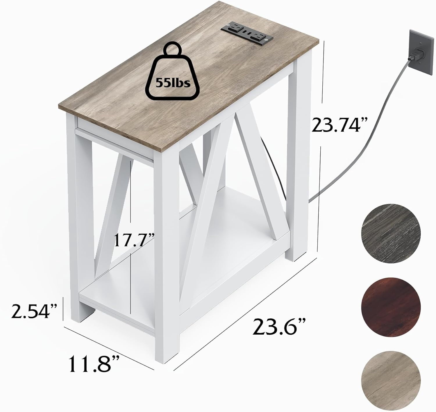 GALAXHERO Farmhouse End Table with Charging Station, Slim Narrow Side Table for Small Spaces, 2 USB Ports & 2 Power Outlets, Ideal for Bedroom, Living Room, 11.8" D x 23.6" W x 23.74" H