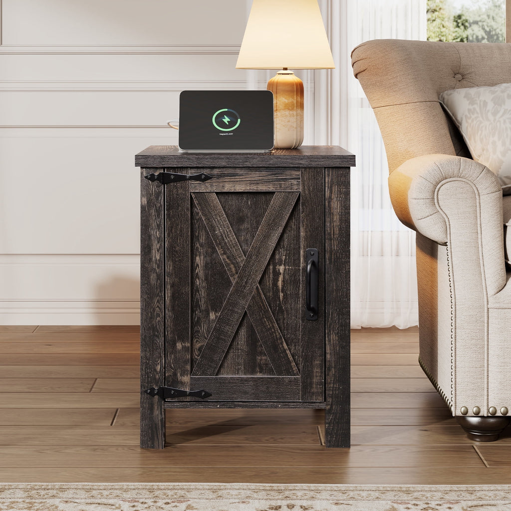 GALAXHERO Nightstand with Charging Station, Farmhouse Narrow Side Table with Barn Door, Wooden Bedside Table for Bedroom, End Tables for Living Room