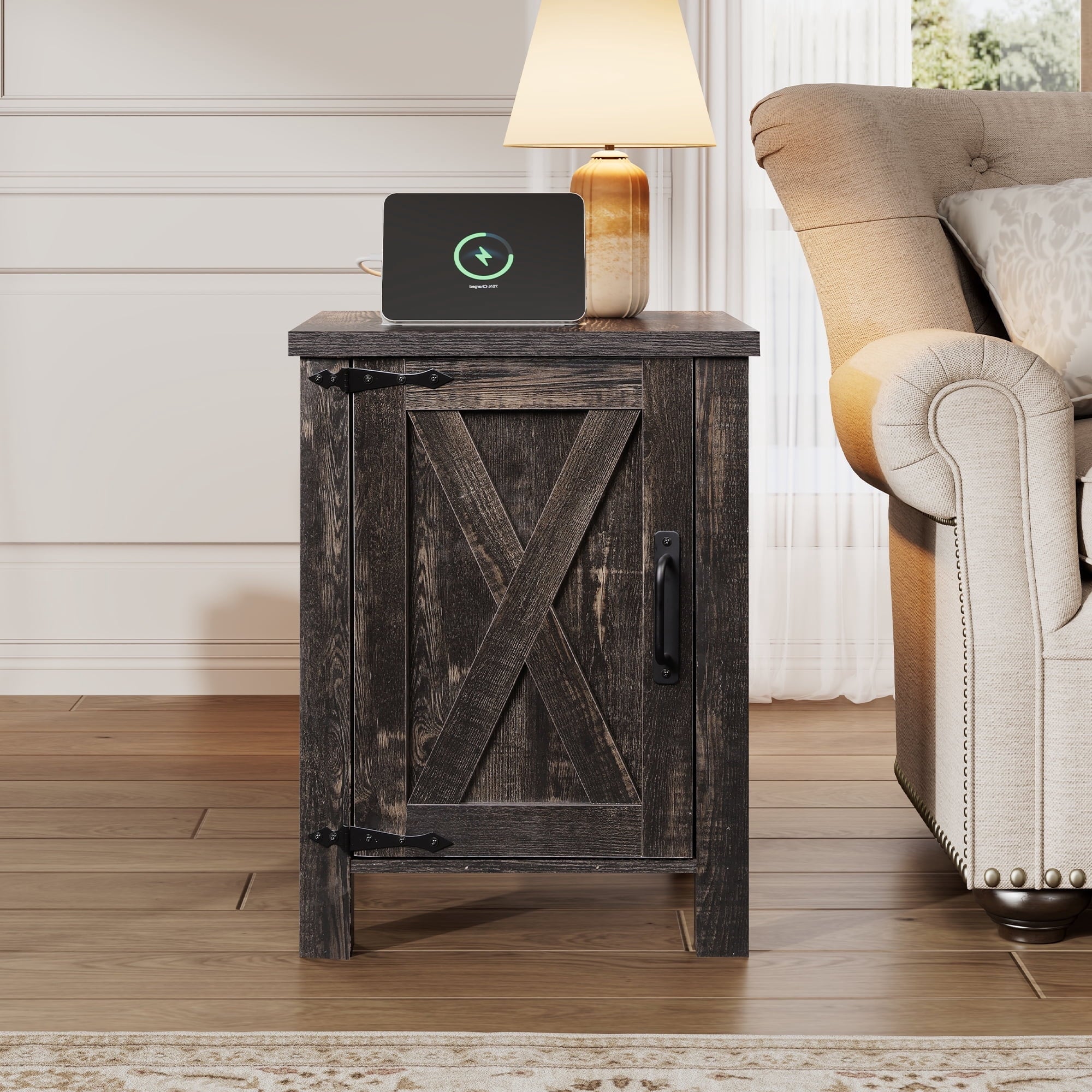 GALAXHERO Nightstand with Charging Station, Farmhouse Narrow Side Table with Barn Door, Wooden Bedside Table for Bedroom, End Tables for Living Room