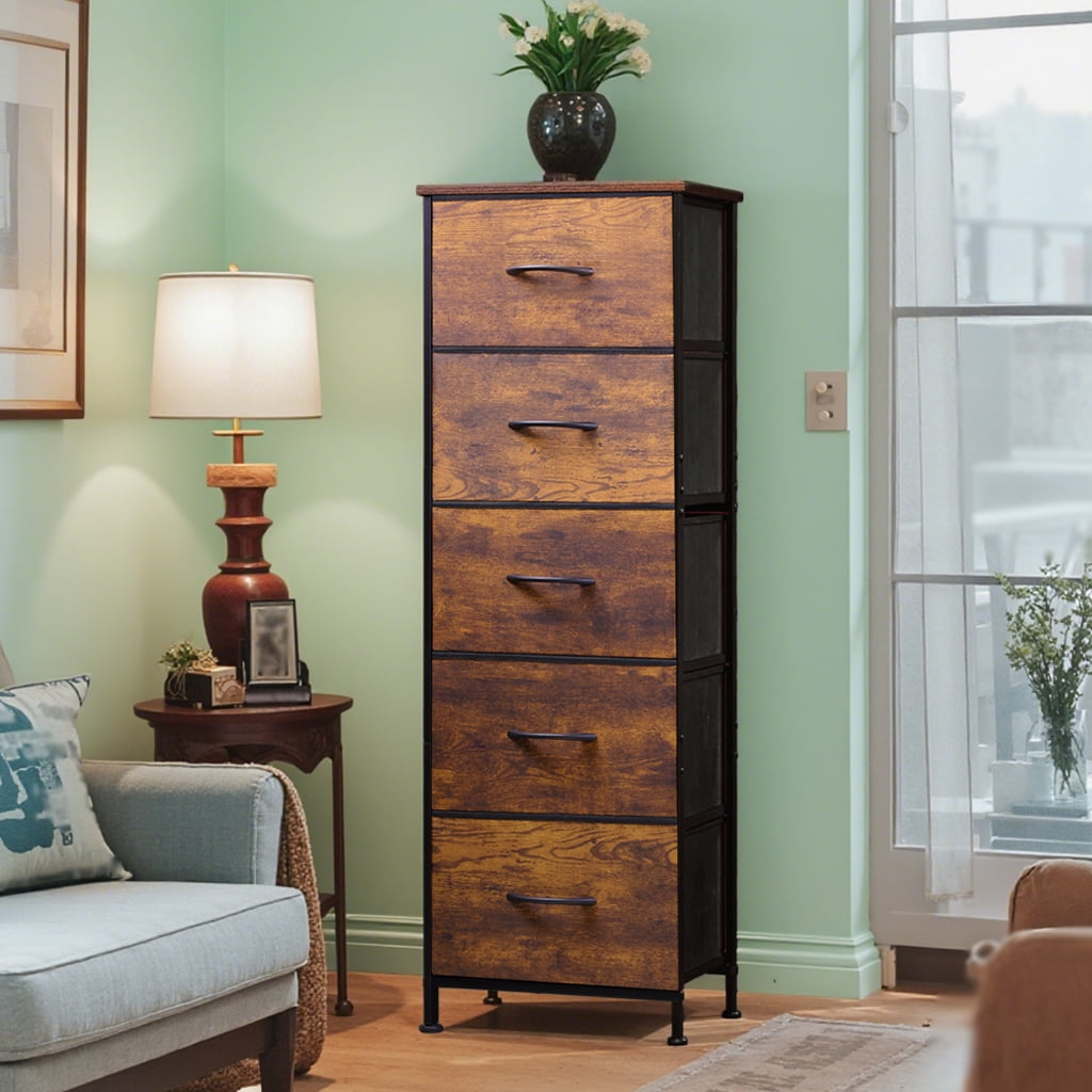 GALAXHERO 5-Drawer Tall Fabric Dresser with Wood Top, Storage Organizer Chest for Bedroom, Closet, Hallway, Sturdy Steel Frame, Rustic Brown Wood Grain Print
