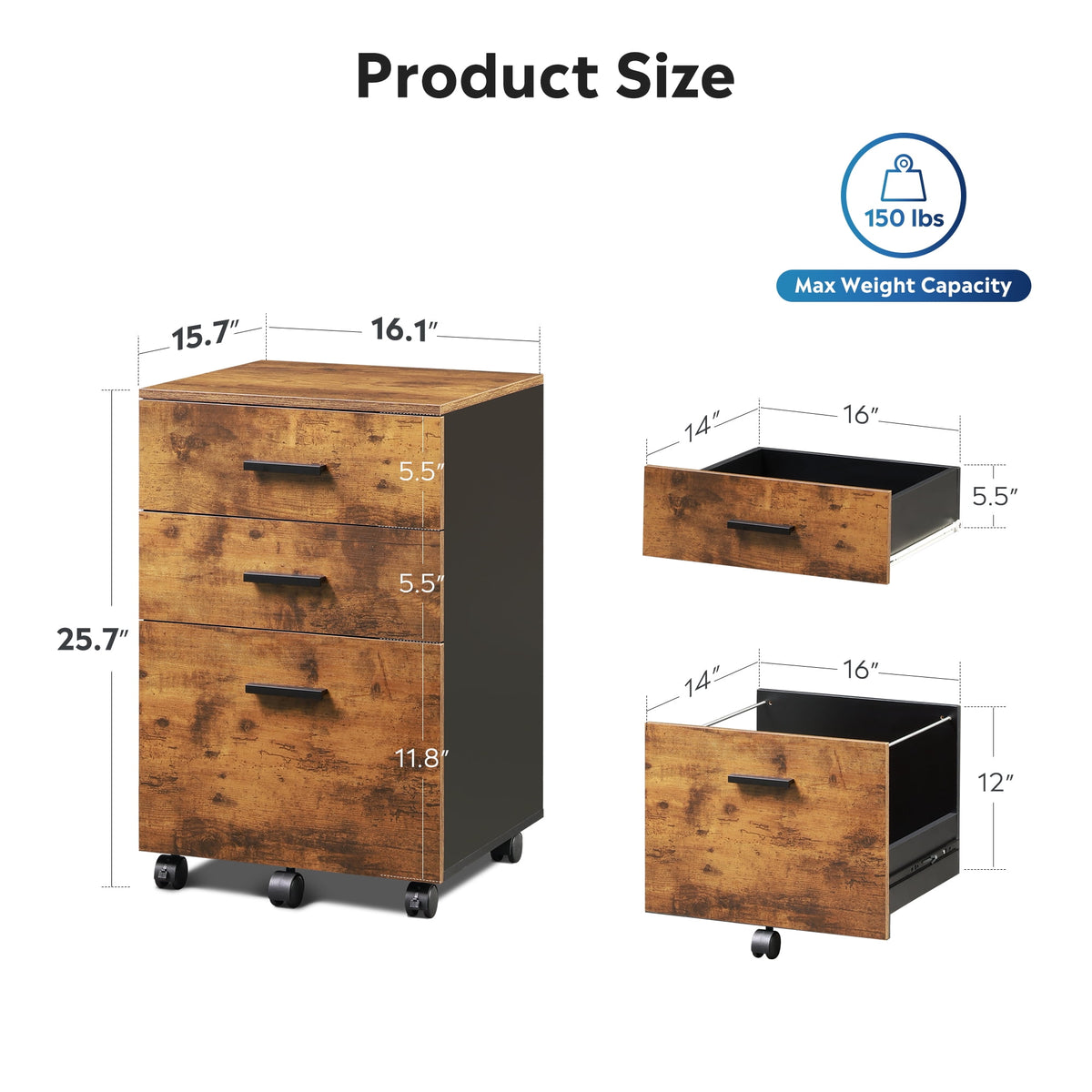 GALAXHERO 3 Drawer File Cabinet, Small Rolling Office Cabinet for Home Office, Wooden Filing Cabinet Fits Letter/A4 Size Files