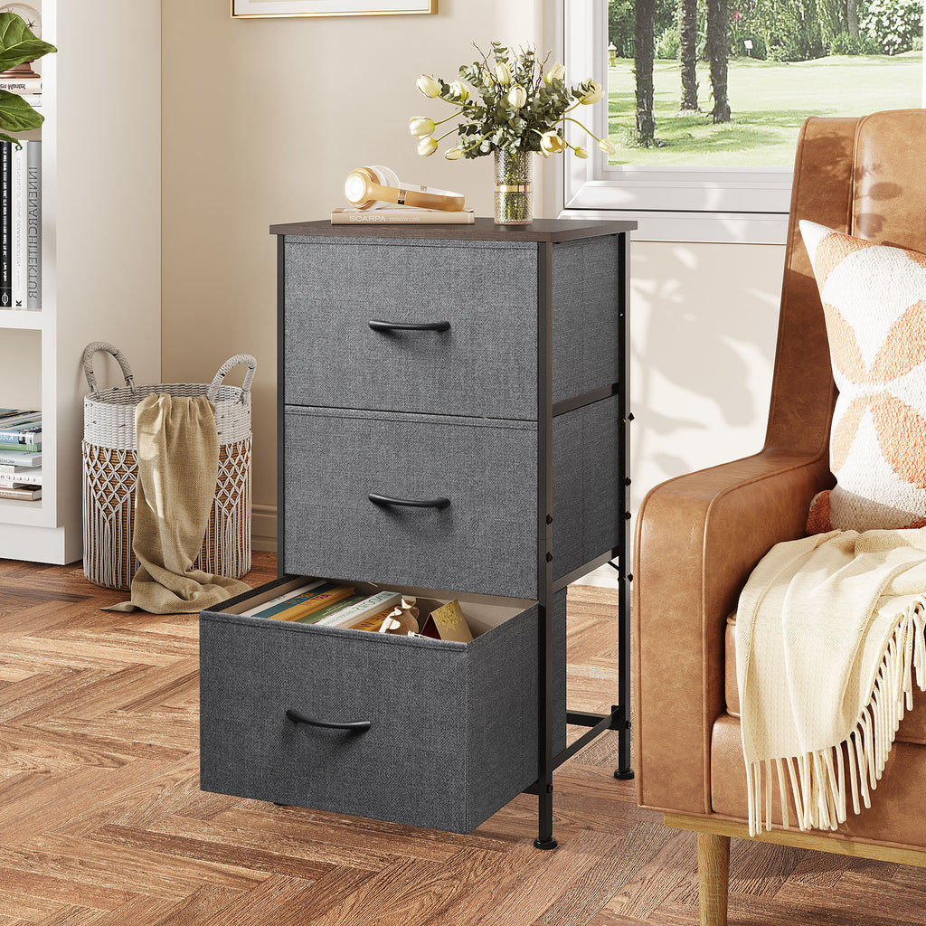 GALAXHERO 3 Drawer Nightstand, Fabric Storage Dresser Sturdy Steel Frame with Wood Top
