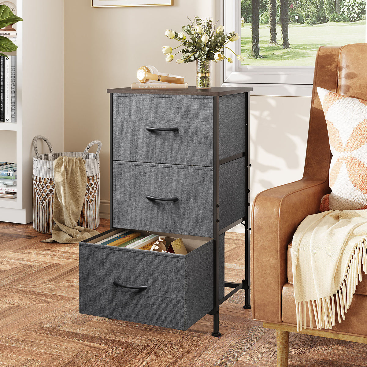 GALAXHERO 3 Drawer Nightstand, Fabric Storage Dresser Sturdy Steel Frame with Wood Top