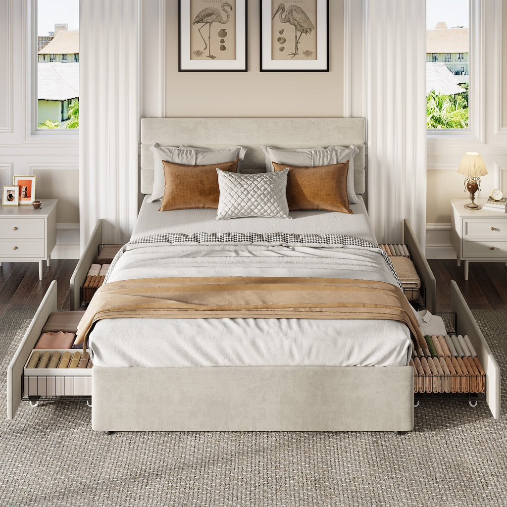 GALAXHERO Queen Size Upholstered Bed Frame with 4 Storage Drawers and Headboard, Velvet Platform Bedframe, Sturdy Metal & Wooden Slats Support, No Box Spring Needed, Easy Assembly