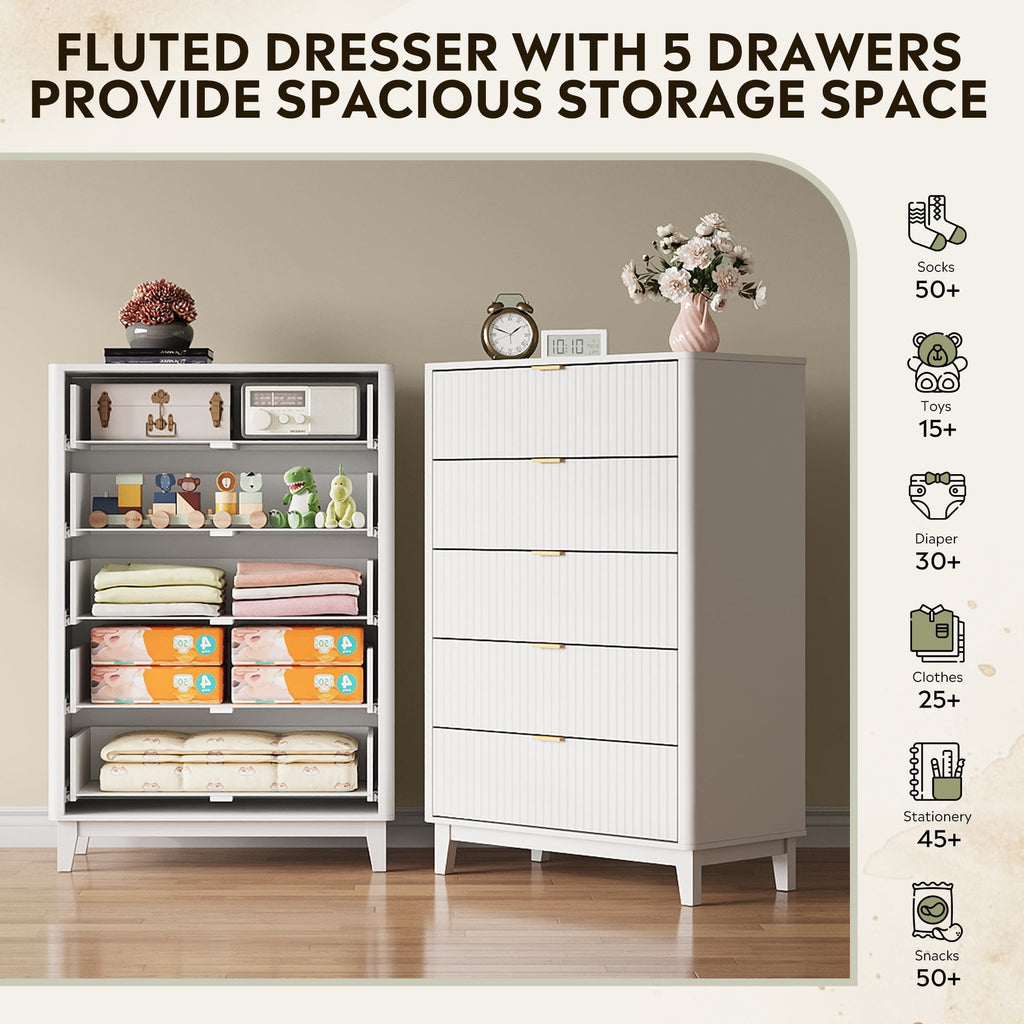 GALAXHERO 5 Drawers Dresser, Fluted Tall Dresser with Golden Metal Handles, Modern Chest of Drawers for Bedroom, Living Room, Hallway, Closet