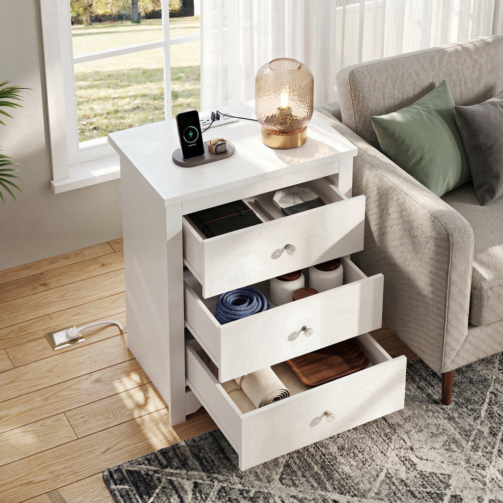 GALAXHERO Tall  Nightstand with Charging Station and 3 Drawers, Wood Bedside End Table with 2 USB Ports & 2 AC Outlets for Bedroom Living Room Dorm