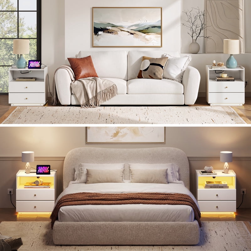 GALAXHERO Nightstand with Charging Station, Smart LED 2-Drawer Tall Bedside Table with Sensor & open shelf, End Table with Wireless Charging for Bedroom Living Room Dorm