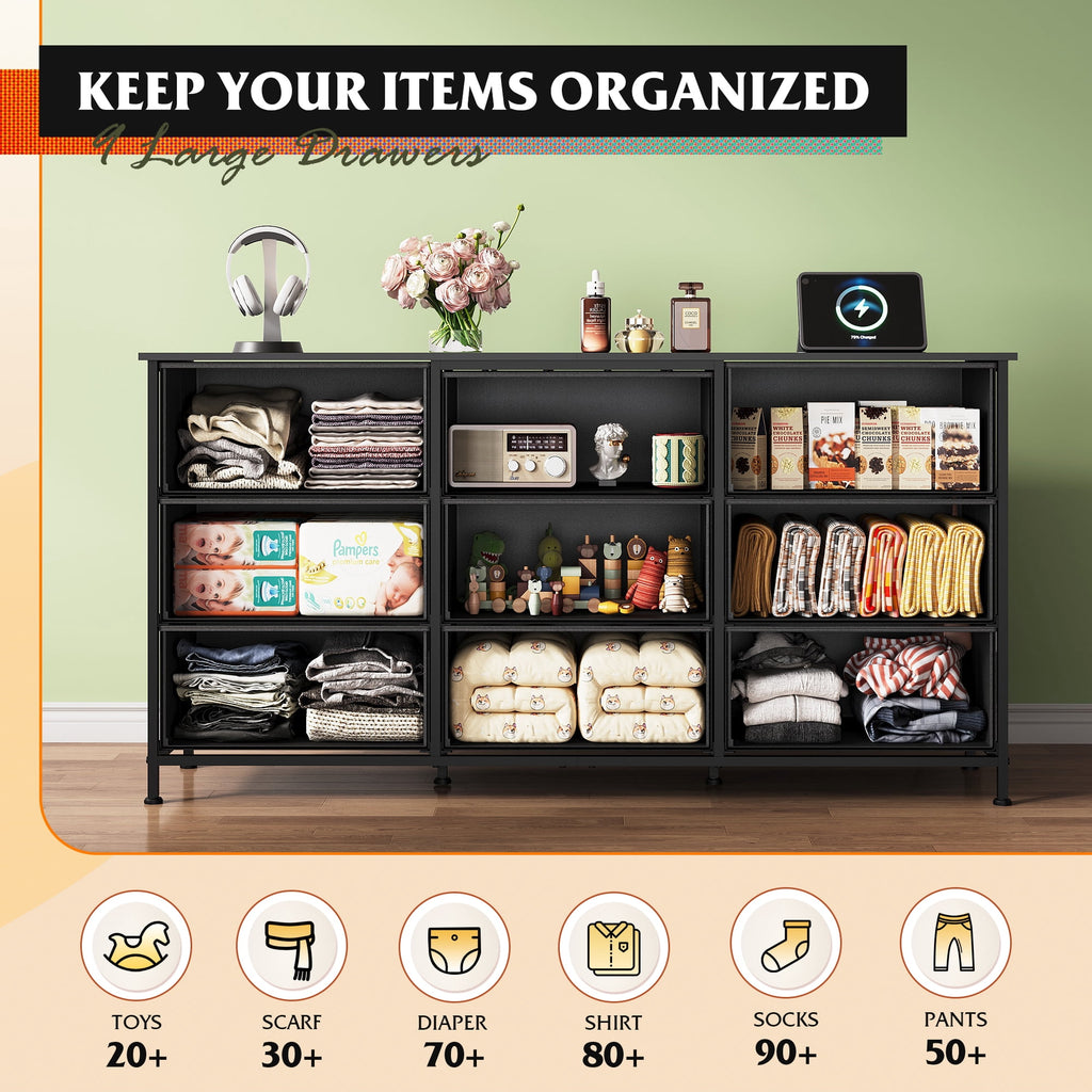 GALAXHERO 9 Drawers Dresser for Bedroom, 54''W  Fabric Dresser with Wood Top, TV Stand for 65'' TV, Wide Chest of Drawers for Closet, Living Room