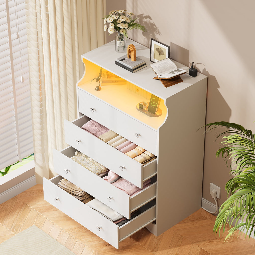 GALAXHERO 4 Drawers Dresser for Bedroom, Tall  Dressers with LED Open Shelf, Modern Chest of Drawers with Charging Station, Wood Closet Clothes Organizer Storage Cabinet