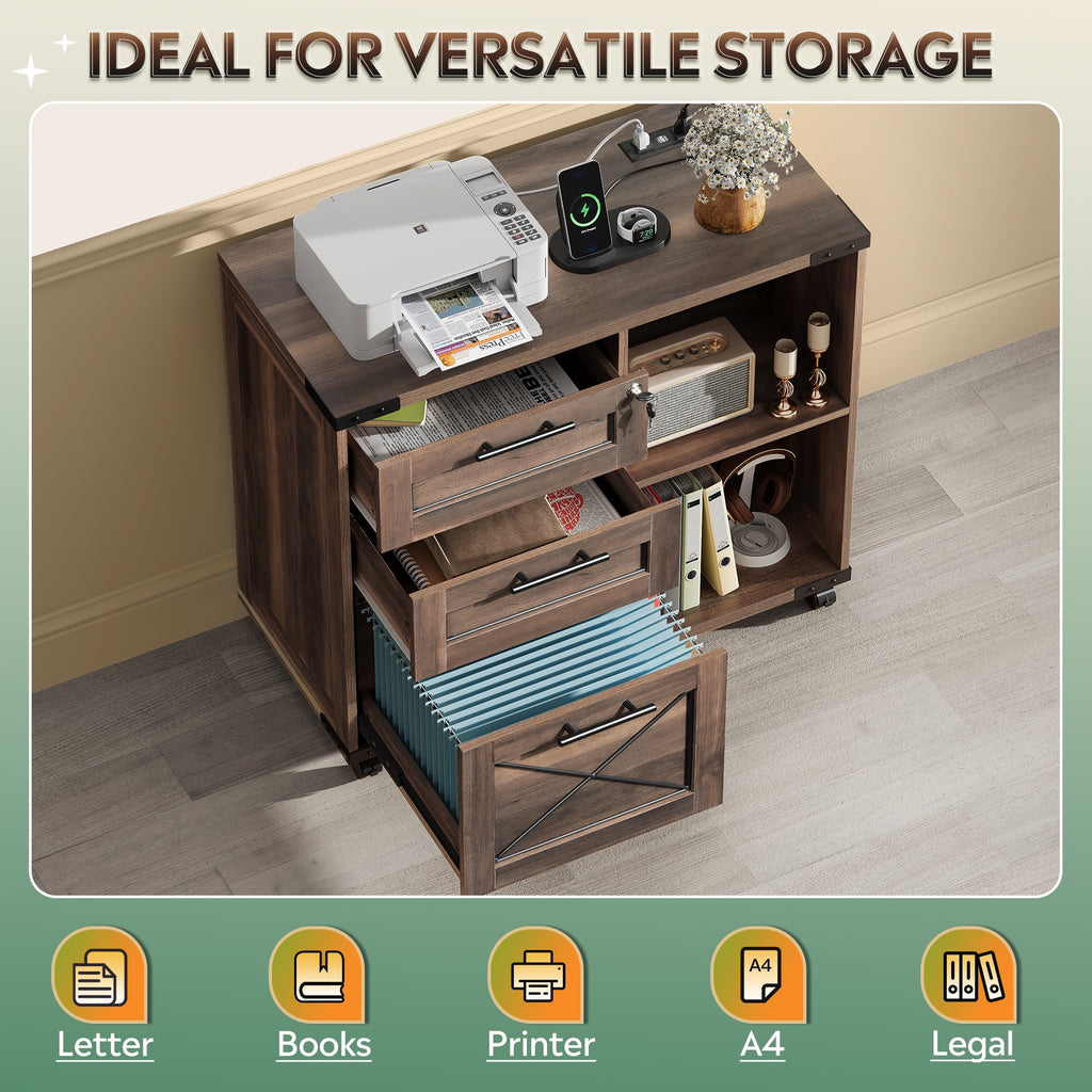 GALAXHERO 3-Drawer Locking File Cabinet, Wood Filing Cabinets with Charging Station, Rolling Printer Stand for Home Office, Dark Walnut