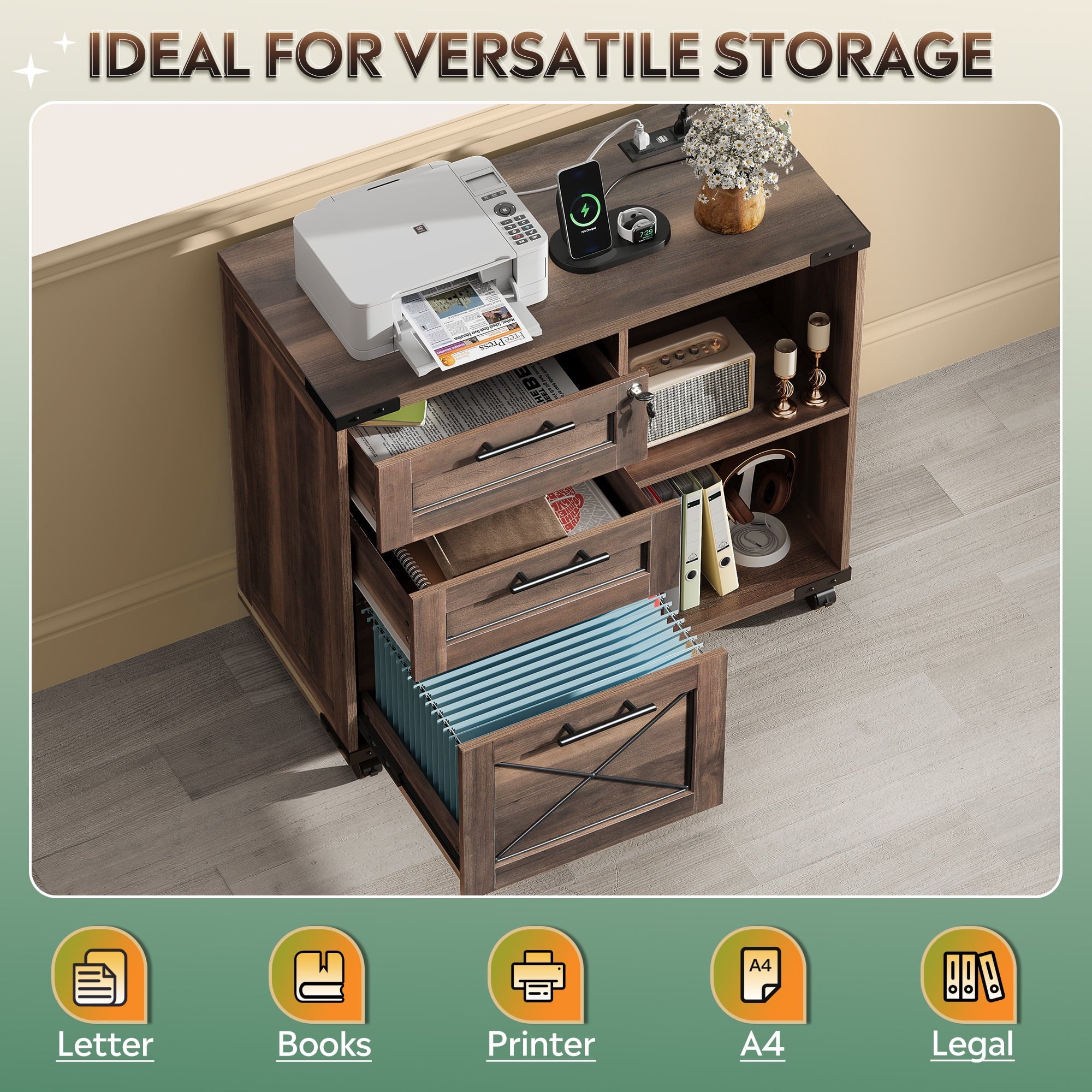 GALAXHERO 3-Drawer Locking File Cabinet, Wood Filing Cabinets with Charging Station, Rolling Printer Stand for Home Office, Dark Walnut