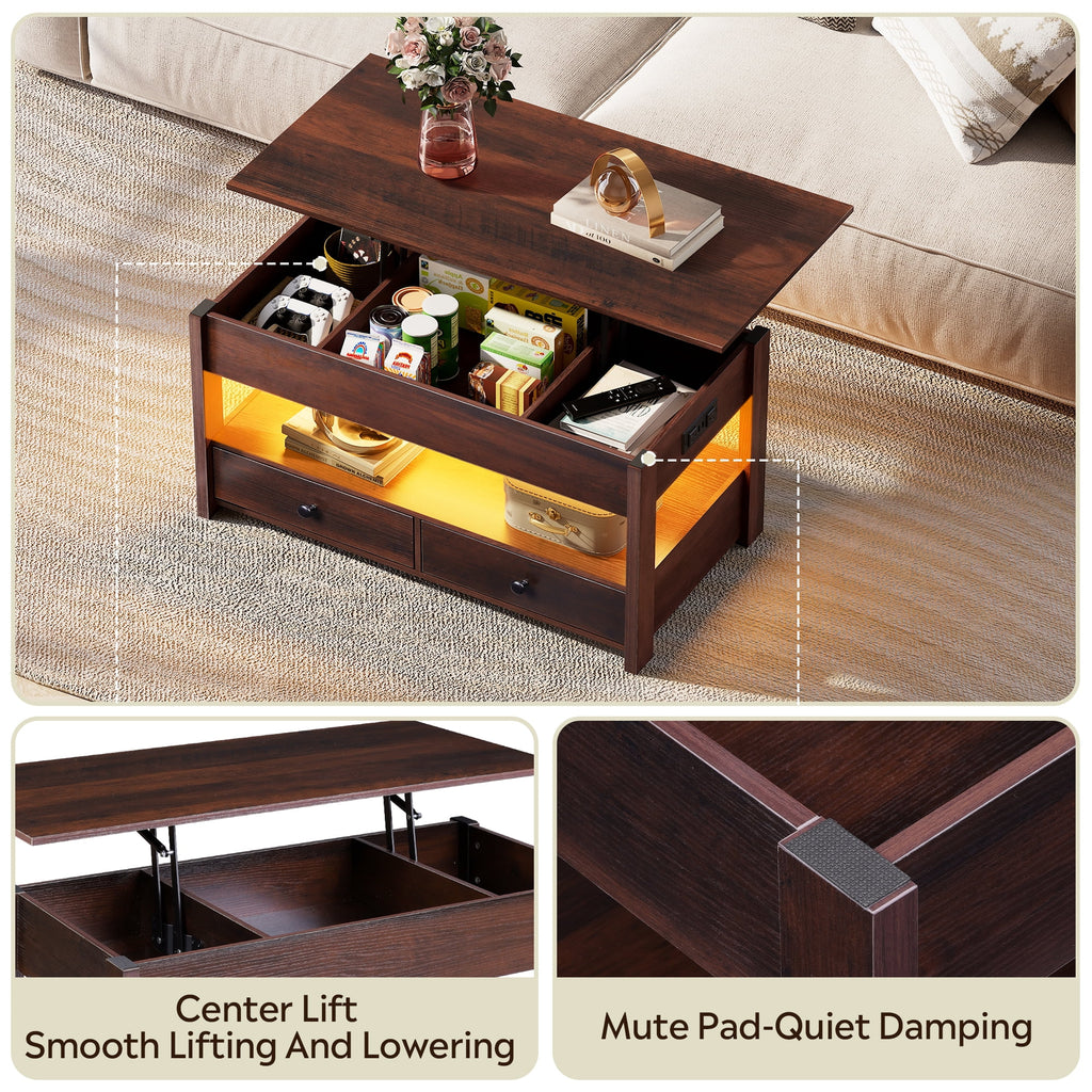 GALAXHERO Lift Top Coffee Table for Living Room Table with 2 Drawers & LED Light & Large Storage and Open Shelf