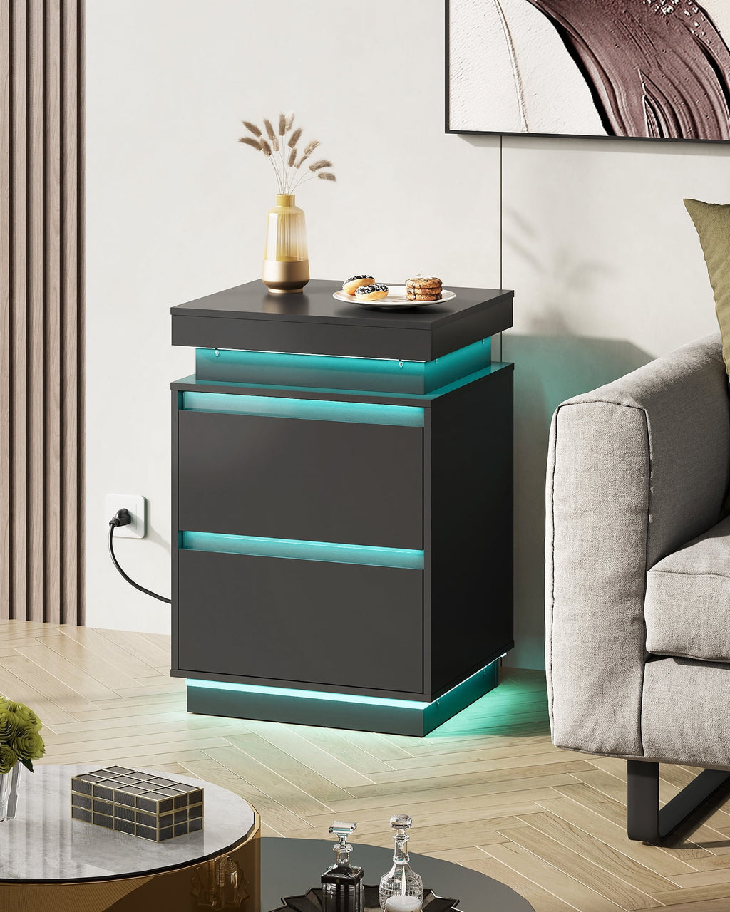 GALAXHERO Nightstand with Charging Station and LED Lights, Modern 2 Drawers Bedside Table with Sliding Top, End Side Table for Bedroom, Living Room