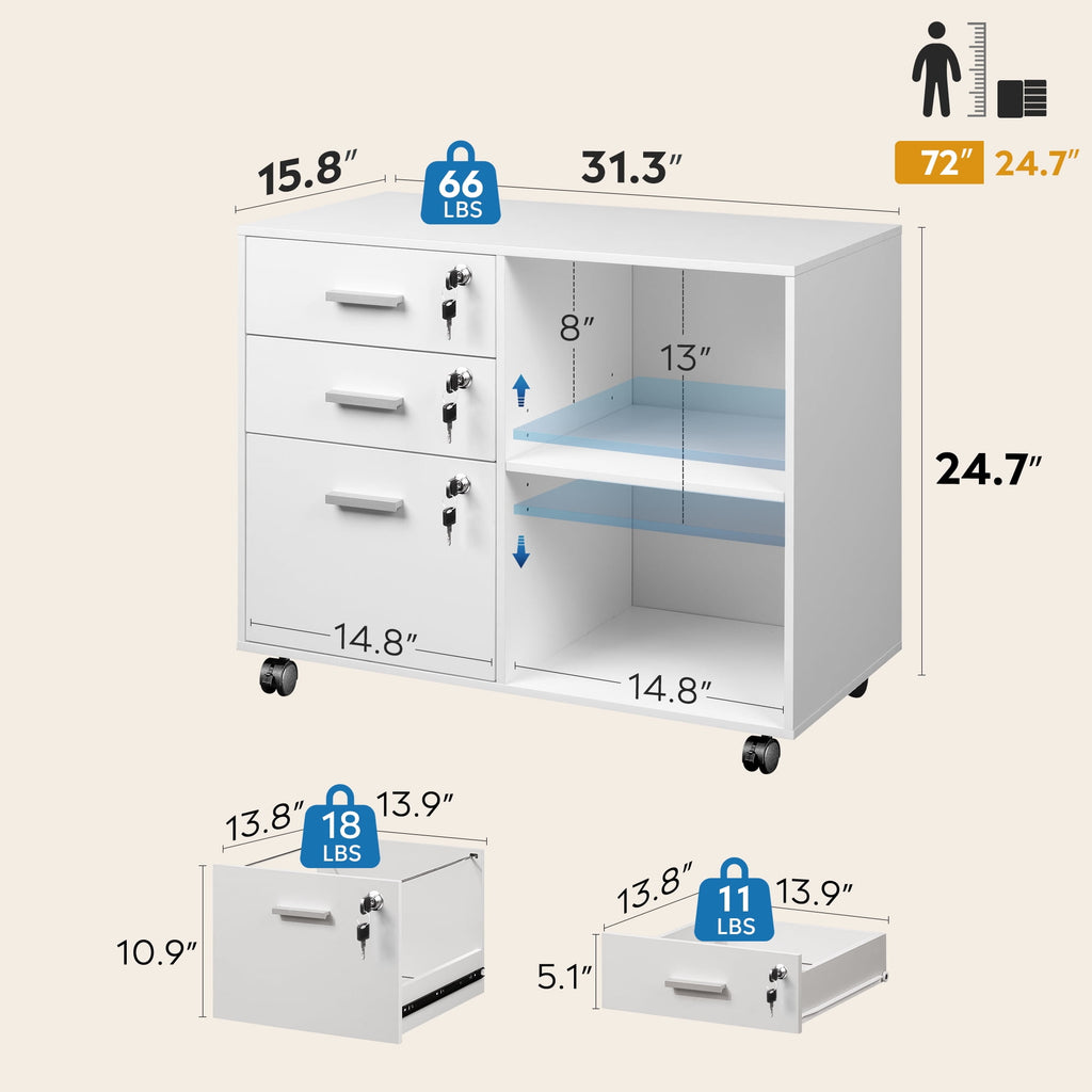 GALAXHERO 3-Drawer File Cabinet with Lock and Key, Mobile Wood Lateral Filing Cabinet & Printer Stand with Open Shelves for Home Office