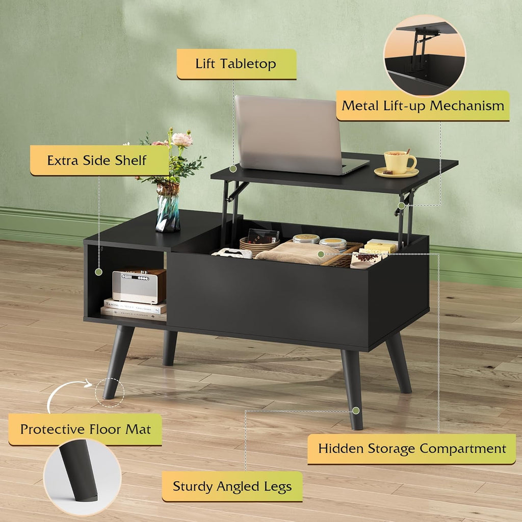 GALAXHERO 31.5" Coffee Table for Living Room Small Coffee Table with Shelf & Hidden Compartment Lift Top Modern Wooden Dining Center Table with Storage