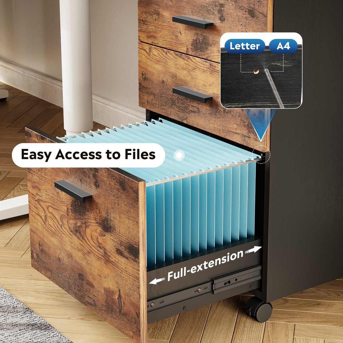GALAXHERO 3 Drawer File Cabinet, Small Rolling Office Cabinet for Home Office, Wooden Filing Cabinet Fits Letter/A4 Size Files