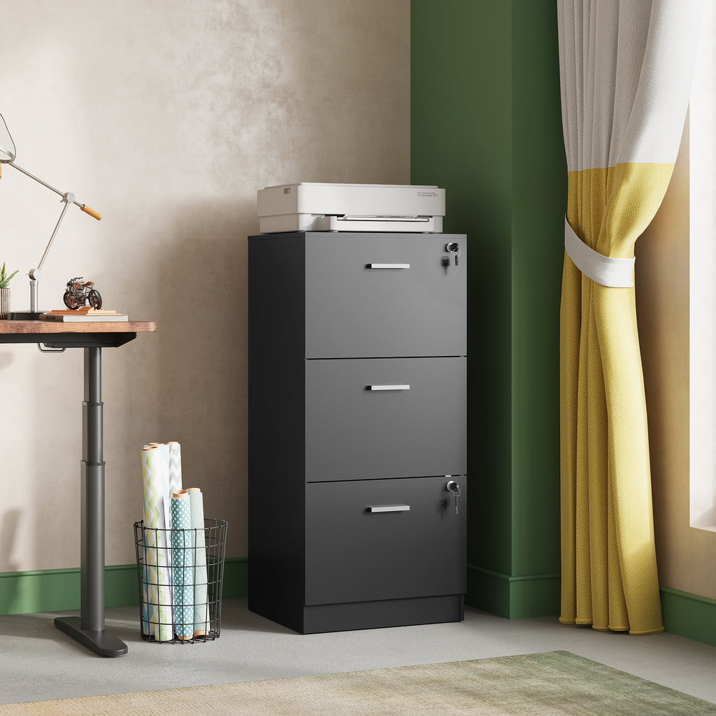 GALAXHERO 3 Drawers File Cabinets, Wood Vertical Filing Cabinet with Lock for Home Office, Letter/A4 Size