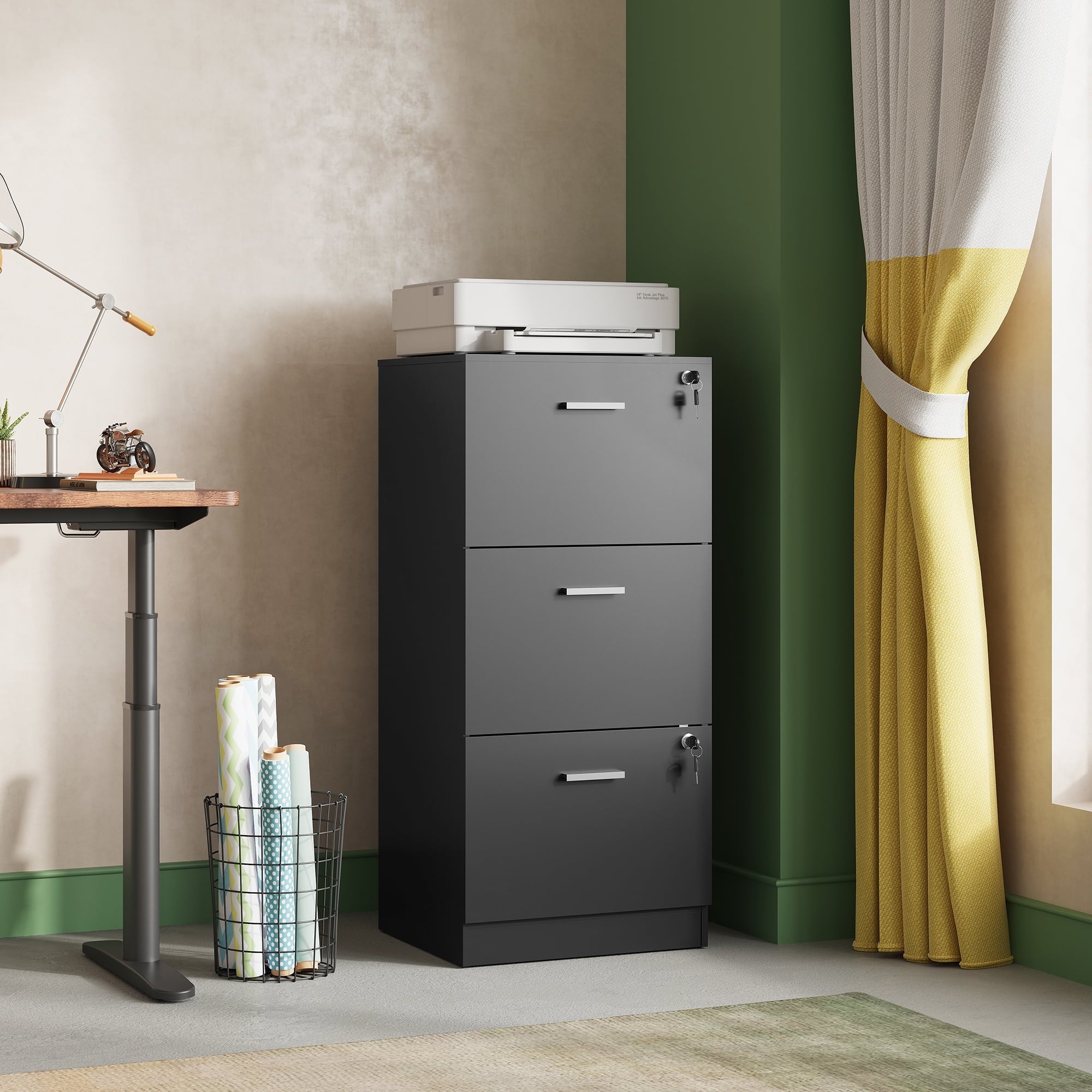 GALAXHERO 3 Drawers File Cabinets, Wood Vertical Filing Cabinet with Lock for Home Office, Letter/A4 Size