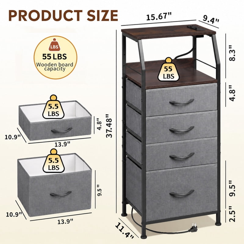 GALAXHERO Dresser for Bedroom, 4 Drawer Nightstand with Charging Station,Tall Bedside Table with LED and Open Shelf