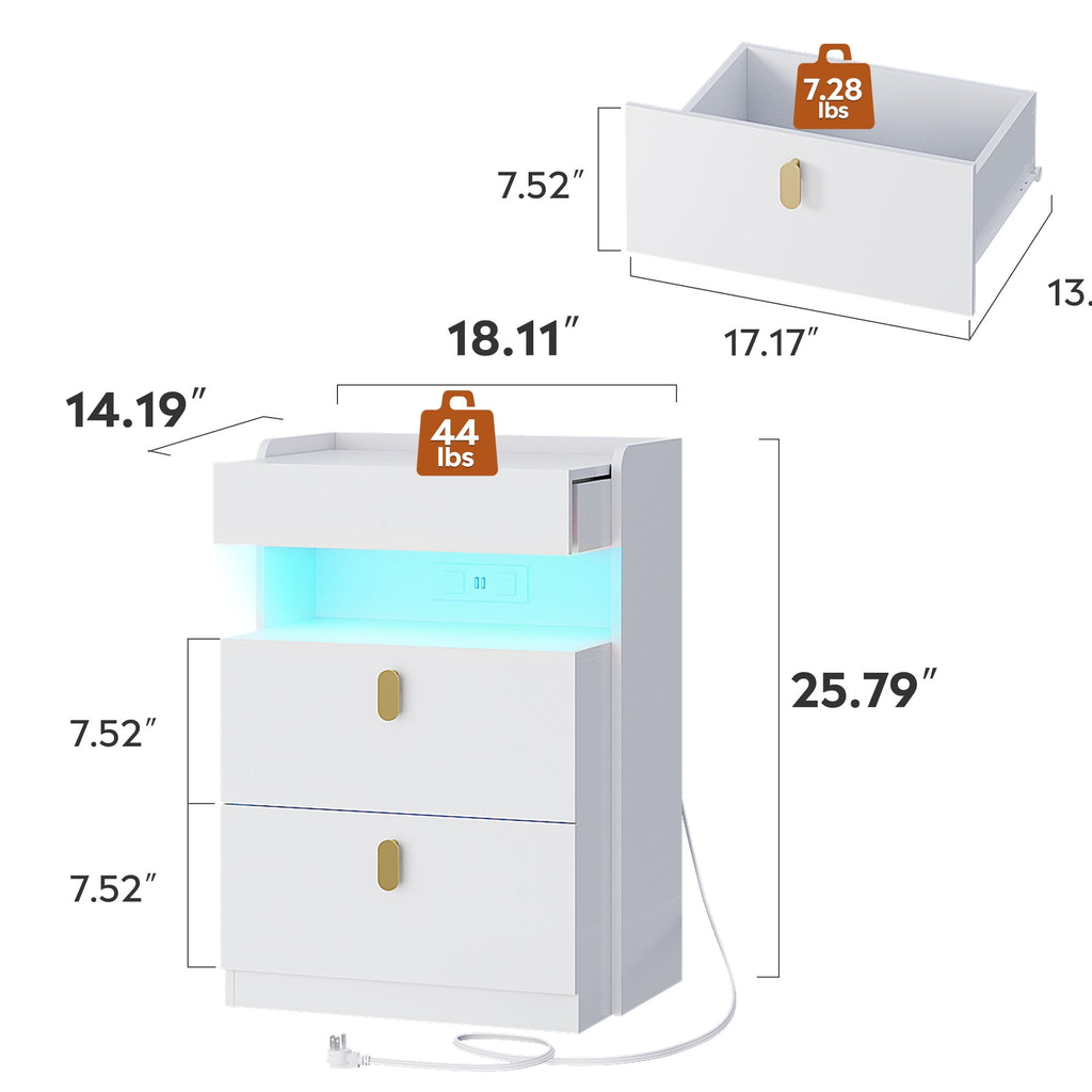 GALAXHERO 2 Drawer Nightstand with Charging Station and LED Lights, Modern Bedside Tables with Sliding Top for Bedroom, Wood End Table for Living Room