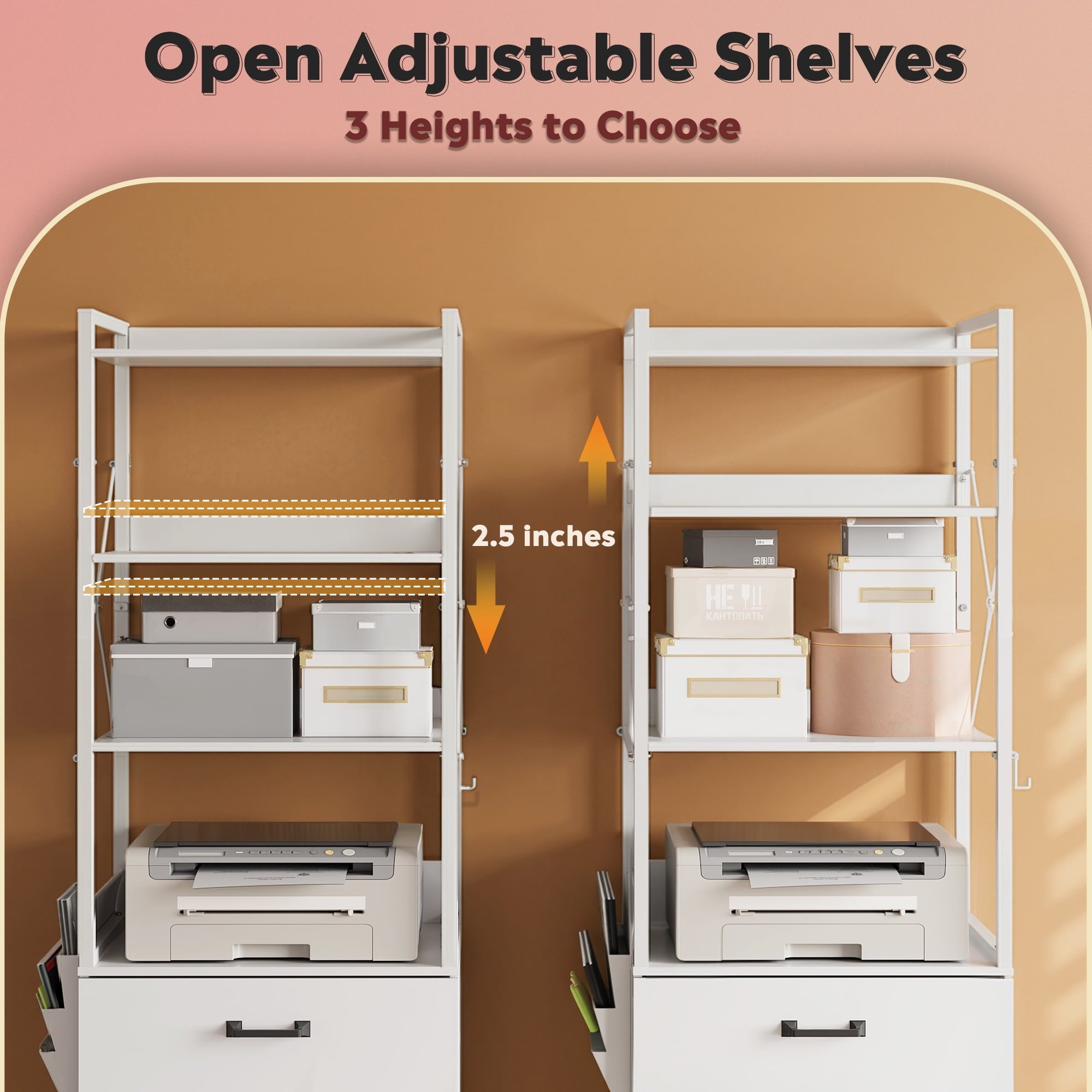 GALAXHERO 2 Drawer File Cabinet with Charging Station, Tall Vertical Filling Cabinet with Lock, Fits Letter/A4/Legal Size, Printer Stand & Adjustable Shelves for Home Office