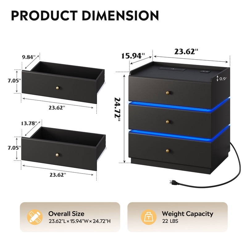 GALAXHERO Nightstand with Charging Station, Smart LED 3-Drawer Tall Bedside Table with Sensor, End Table with Wireless Charging for Bedroom Living Room Dorm