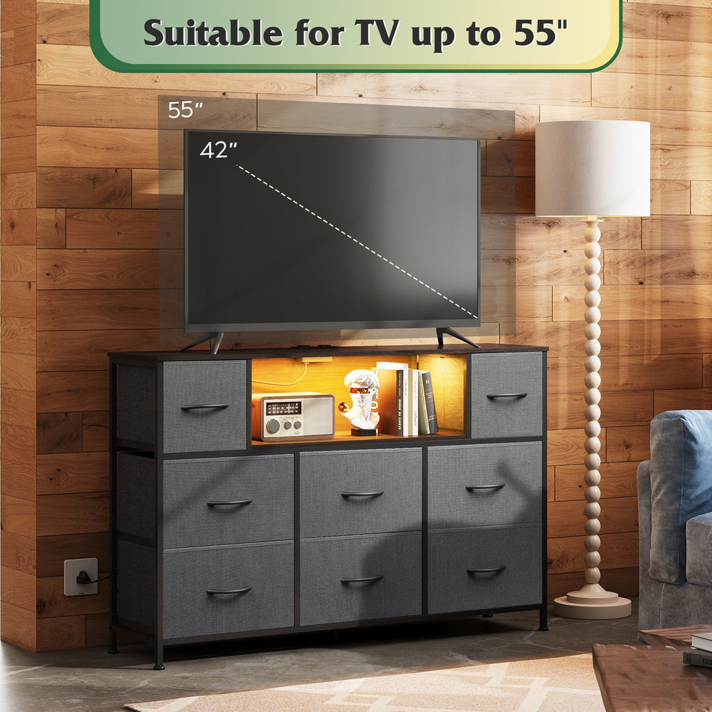 GALAXHERO 8-Drawer Large Dressers for Bedroom, TV Stand for 55'' TV with Charging Station and LED Lights
