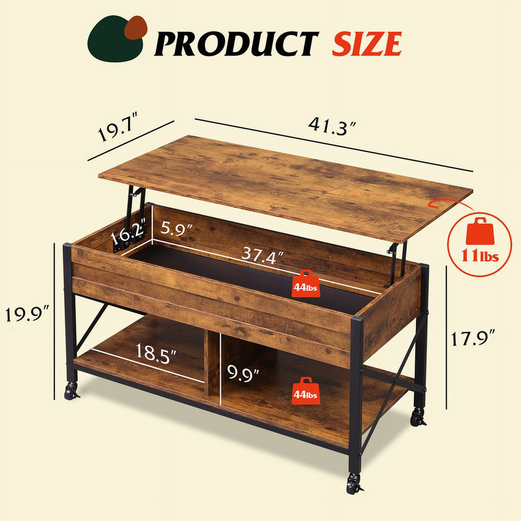 GALAXHERO Coffee Table, 41.3" Lift Top Coffee Table with 4 Wheels, Hidden Compartment, Storage Shelf and Lift Tabletop for Living Room, Reception Room