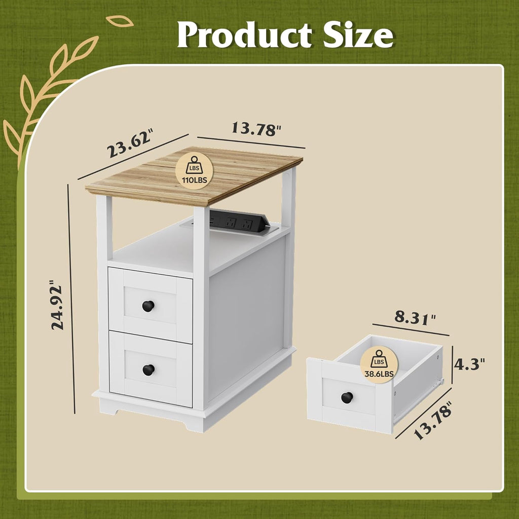GALAXHERO Narrow Side Table with Charging Station Wooden End Table with 2 Drawers for Living Room, Bedroom, Small Space