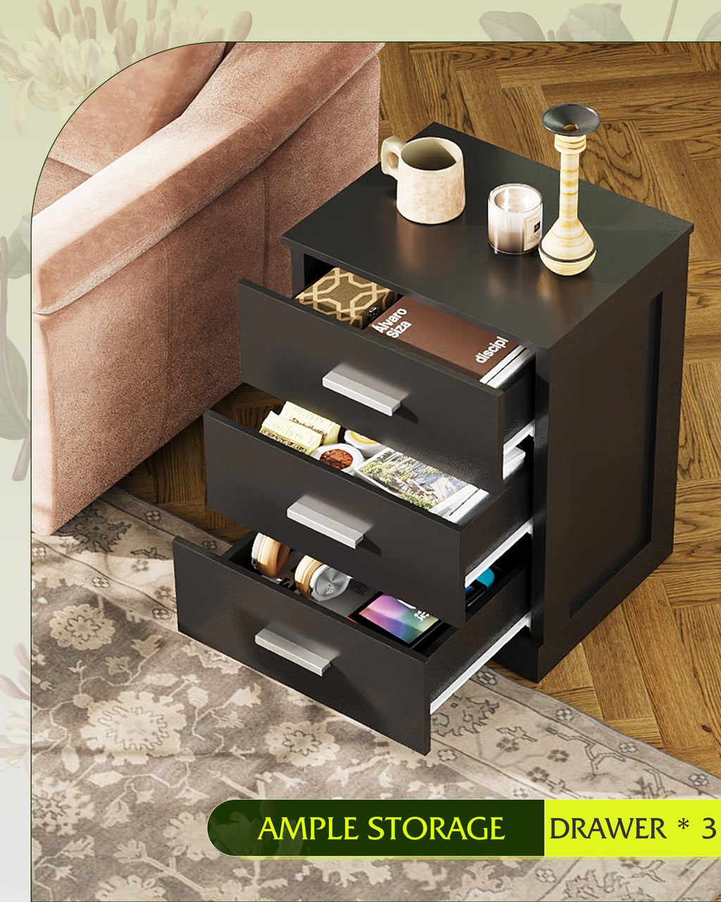 GALAXHERO 3 Drawer Night Stands for Bedroom, Tall Nightstand with Storage Cabinets, Wooden Bedside Table End Table for Living Room