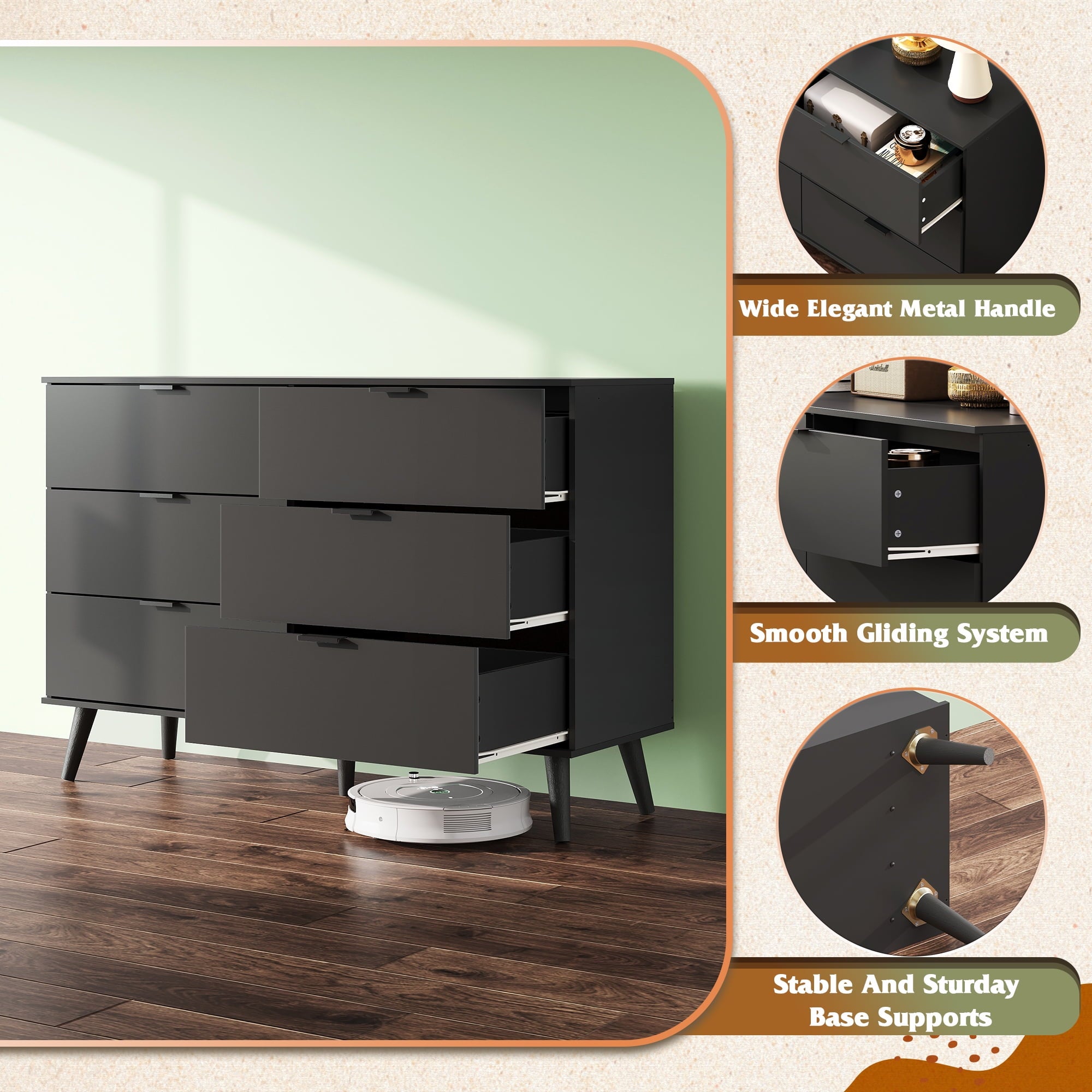 GALAXHERO 6 Drawer Wood Dresser, 47.2" Wide Chest of Drawer with Metal Handles, TV Stand for 55" TV, Double Dresser for Bedroom, Living Room, Hallway, Closet