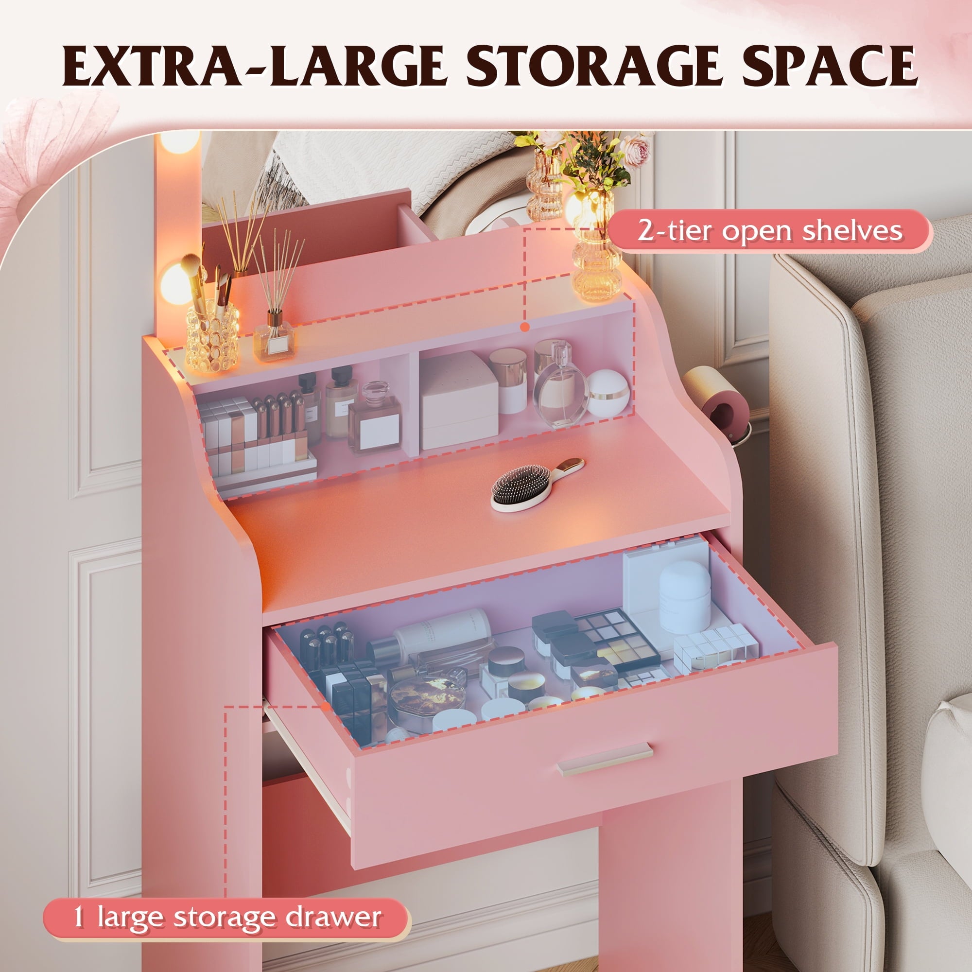 GALAXHERO Small Vanity Desk with Mirror, Makeup Tables with Drawer and Storage Shelves, Girls Dressing Table for Bedroom