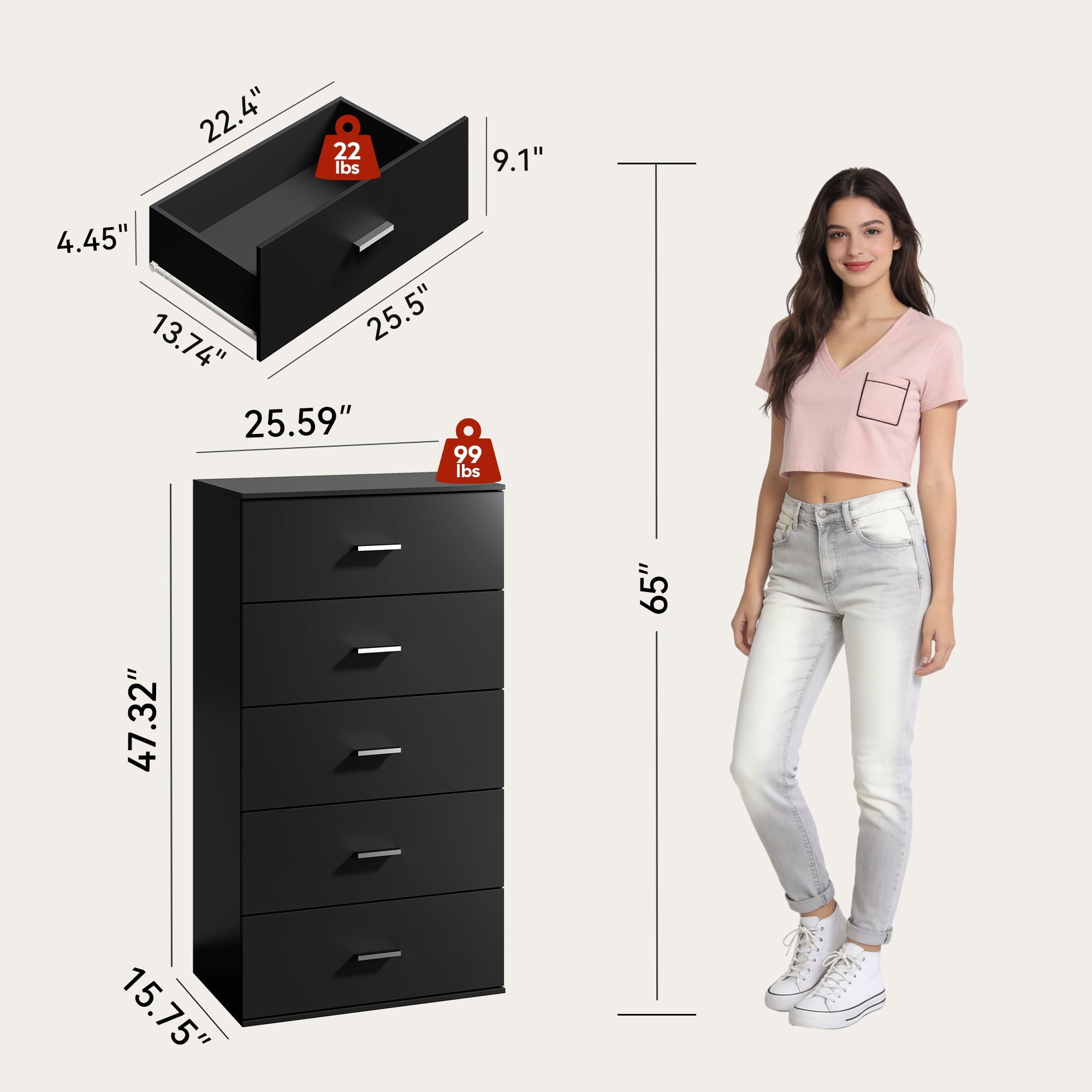 GALAXHERO 5 Drawers Dresser, Chest of Drawers for Bedroom, Tall Wood Storage Cabinet with Metal Handle for Living Room, Closet, Hallway