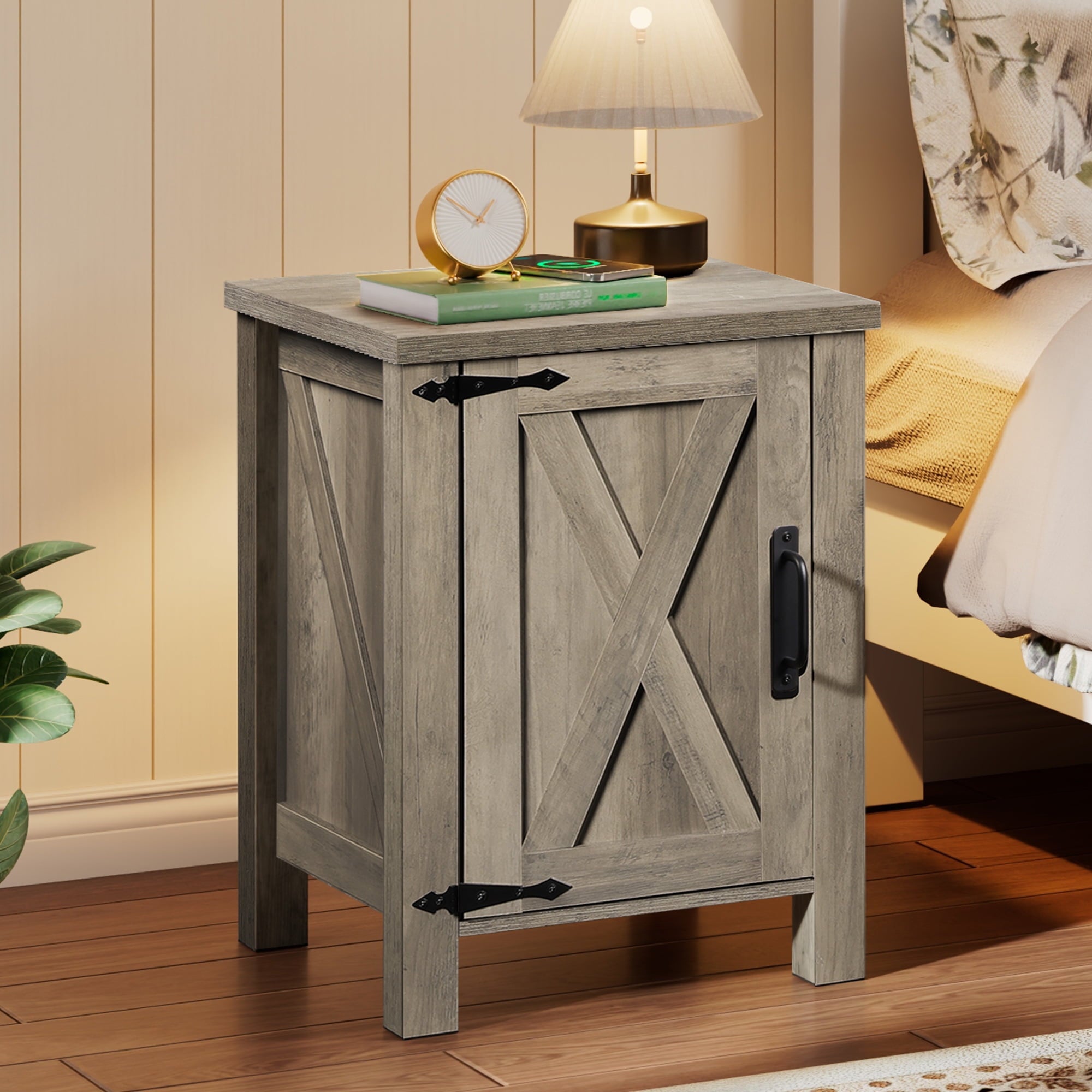 GALAXHERO Nightstand with Charging Station, Farmhouse Narrow Side Table with Barn Door, Wooden Bedside Table for Bedroom, End Tables for Living Room