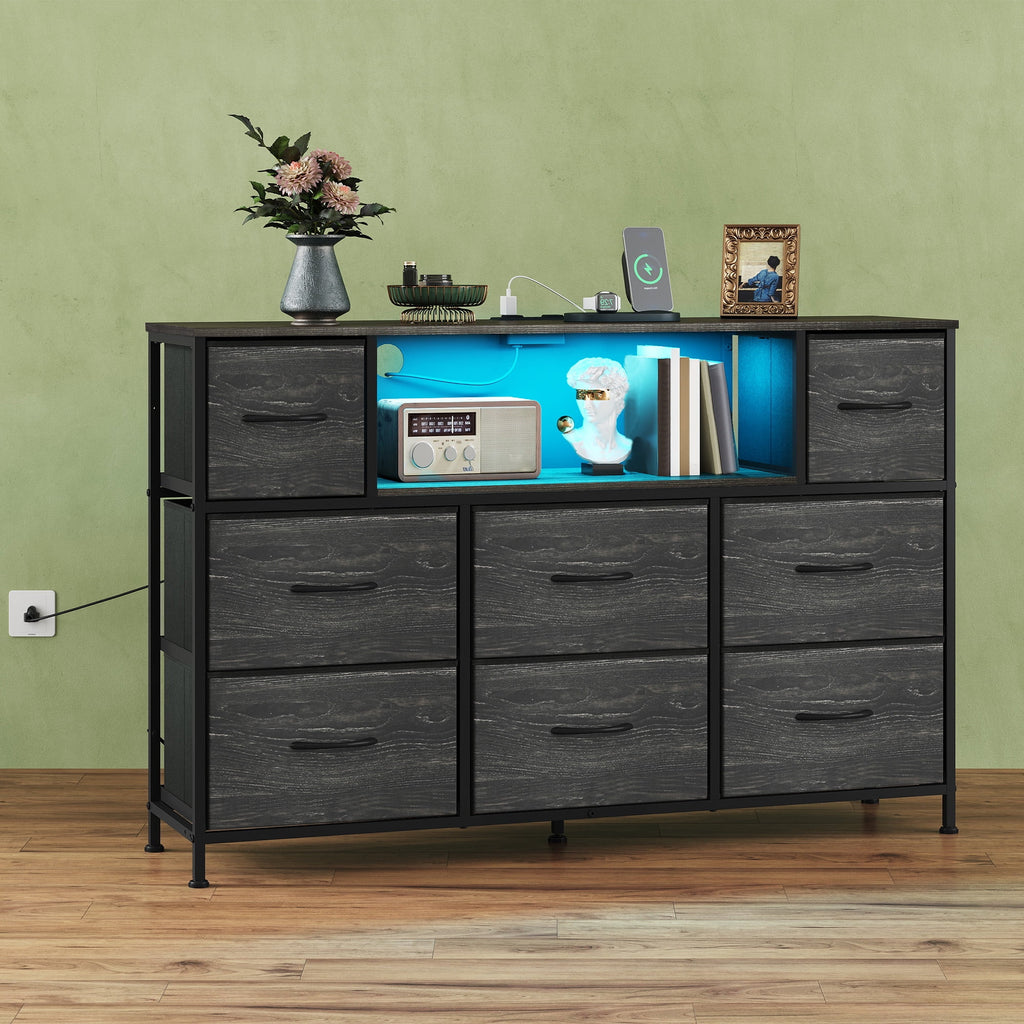 GALAXHERO 8-Drawer Dressers for Bedroom, Dresser TV Stand for 55'' TV with LED Lights and Power Outlets, Fabric Chest of Drawers for Living Room, Entryway
