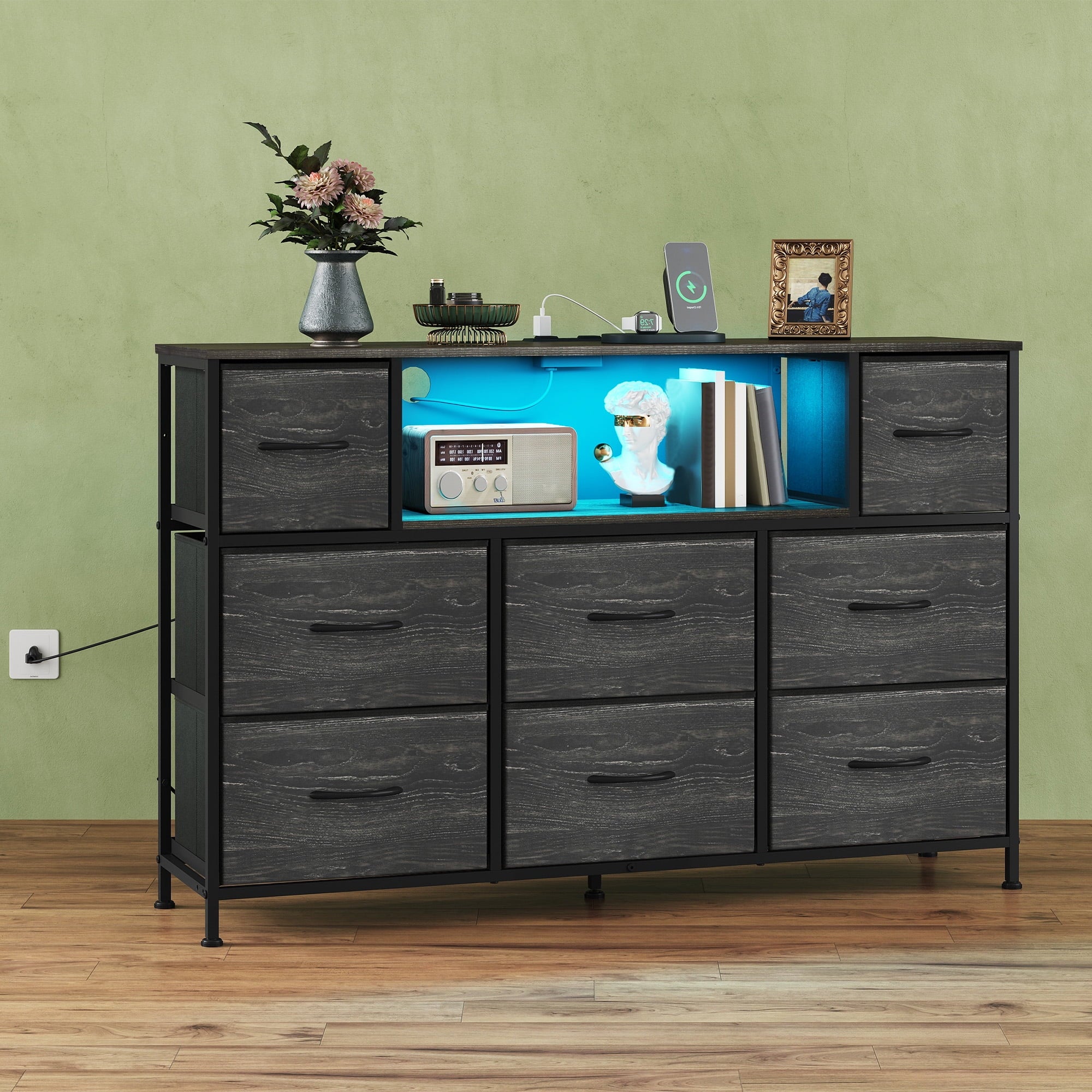 GALAXHERO 8-Drawer Dressers for Bedroom, Dresser TV Stand for 55'' TV with LED Lights and Power Outlets, Fabric Chest of Drawers for Living Room, Entryway