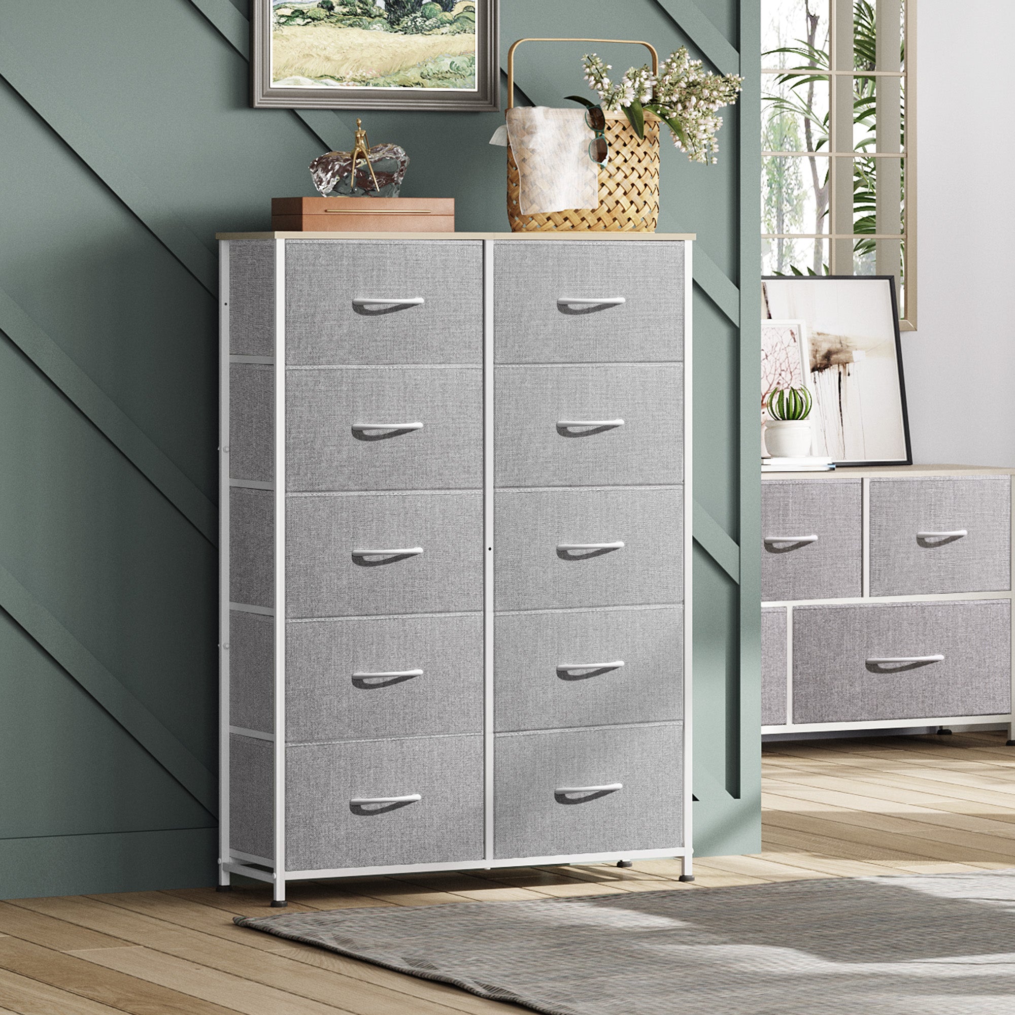 GALAXHERO Tall Dresser 10 Fabric Drawers, Storage Tower with Cabinet, Metal Frame, Wooden Top, Organizer Units for Bedroom, Living Room, Closet, Clothing