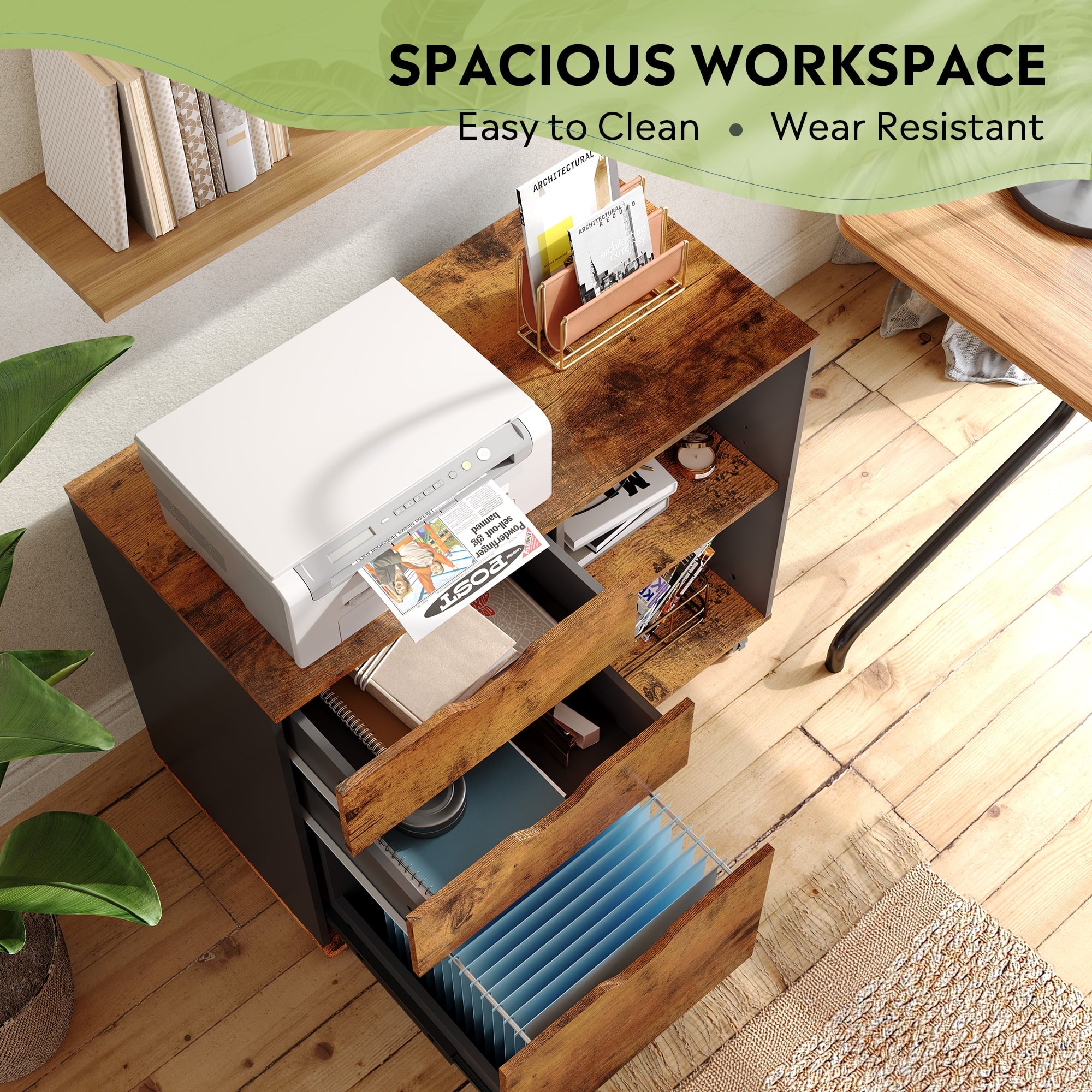GALAXHERO 3-Drawer Wood File Cabinet, Mobile Lateral Filing Cabinet with Open Storage Shelves, Printer Stand for Home Office Organization