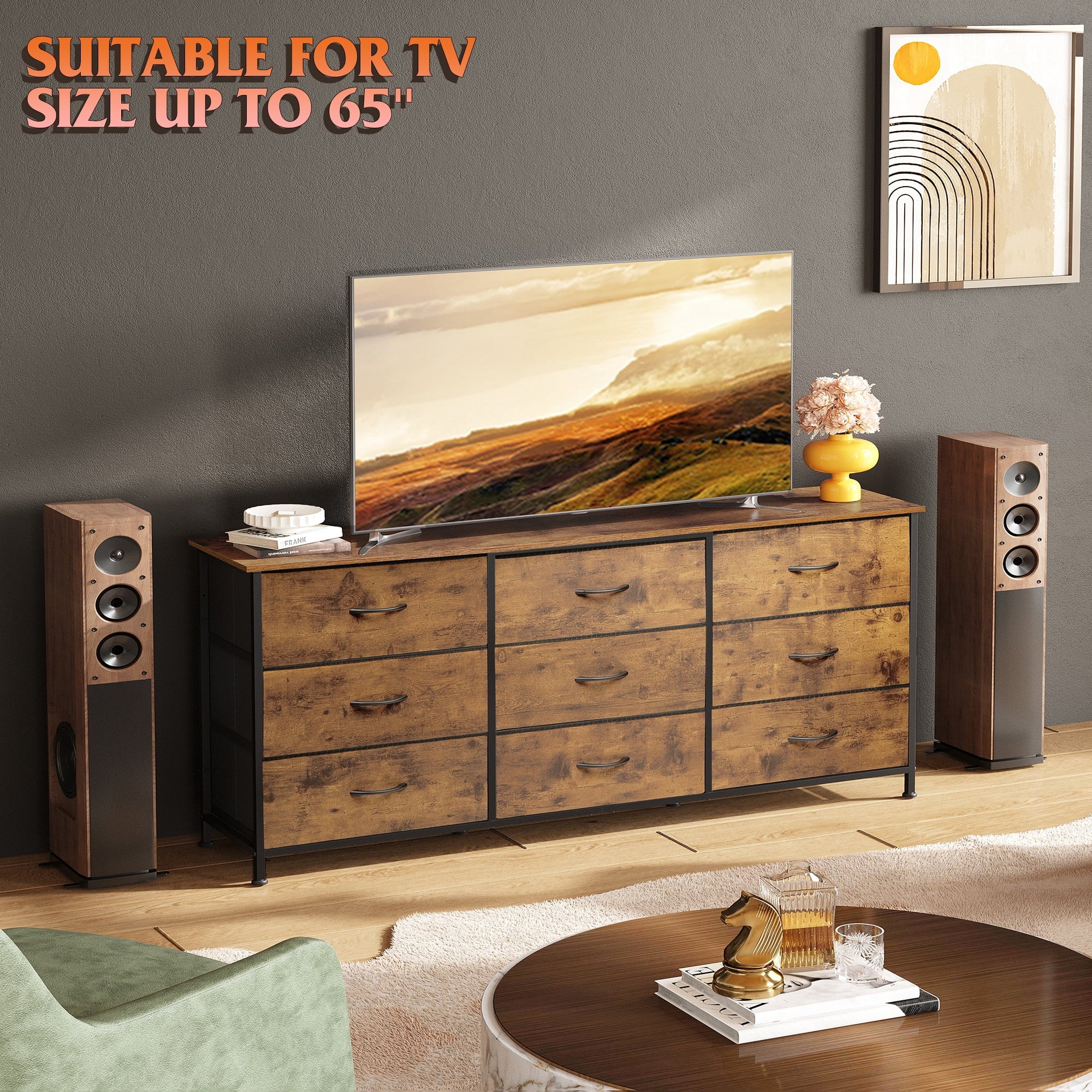 GALAXHERO 9 Drawers Dresser for Bedroom, 54''W  Fabric Dresser with Wood Top, TV Stand for 65'' TV, Wide Chest of Drawers for Closet, Living Room