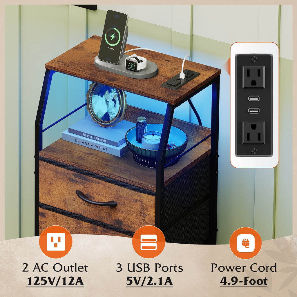 GALAXHERO 4 Drawer Dresser for Bedroom, Nightstand with Charging Station and LED, Tall Bedside Table with Storage Shelfs