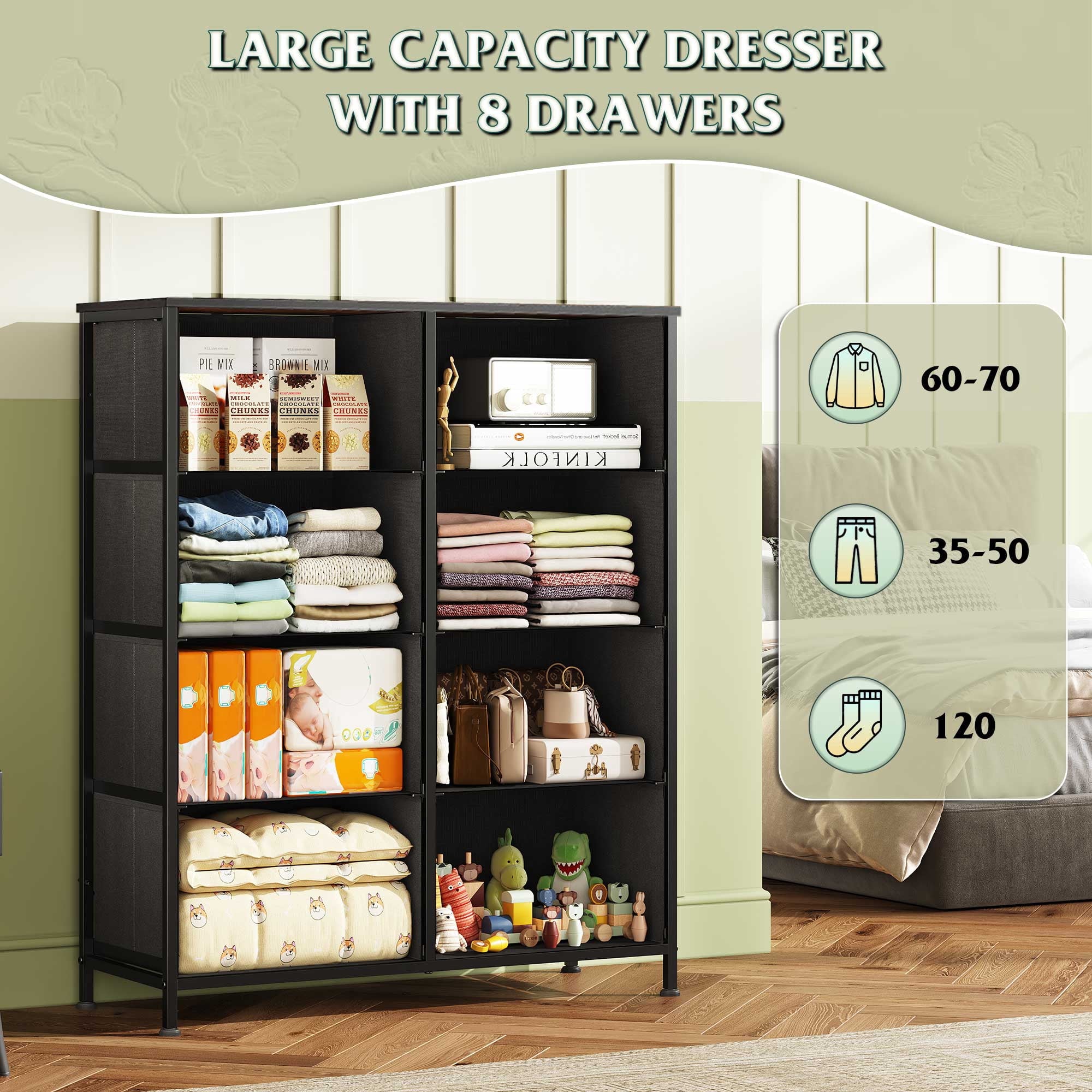 GALAXHERO 8 Drawer Fabric Dresser for Bedroom, Storage Bins Chest of Drawer for Closet, Living Room, Hallway, Wood Grain Print