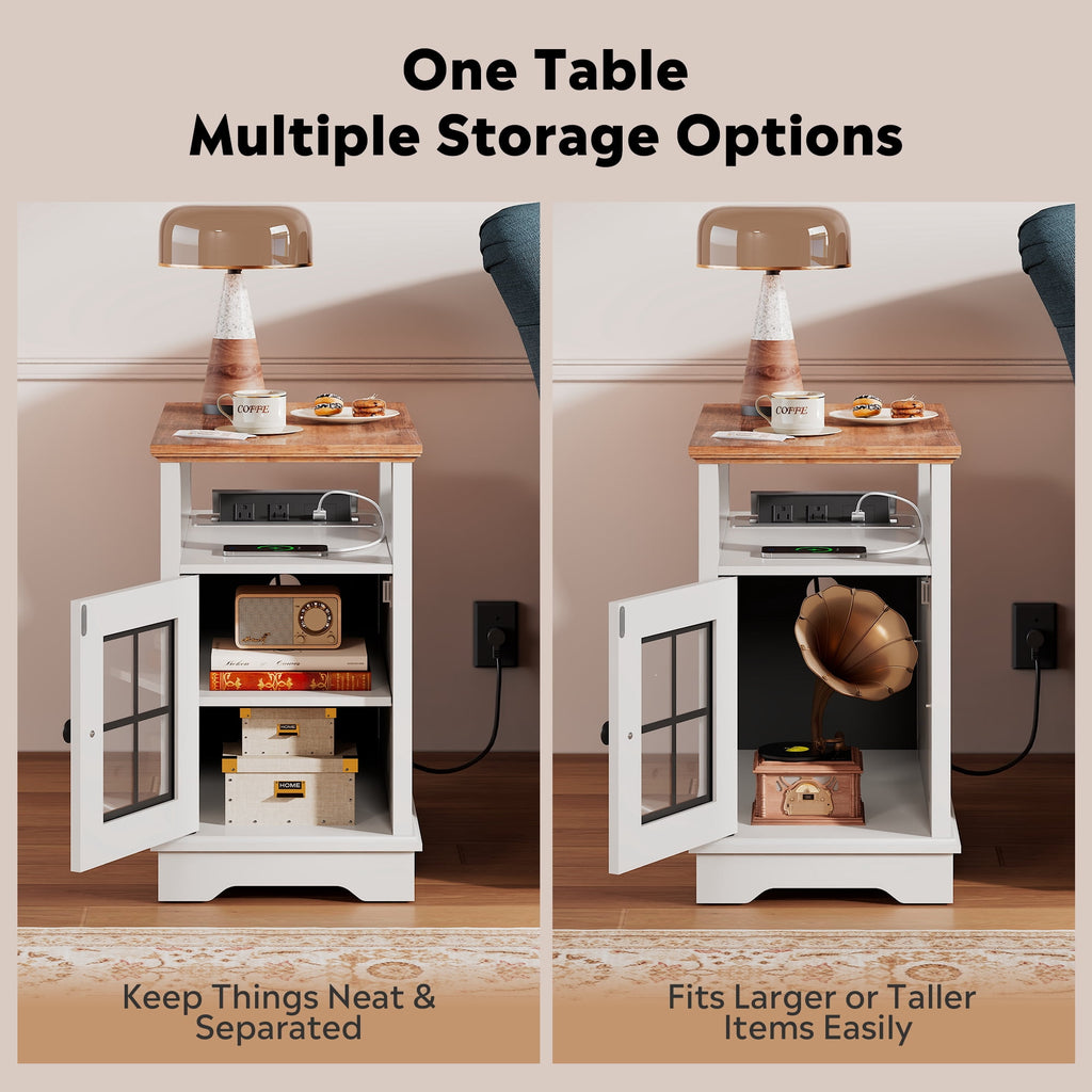 GALAXHERO Farmhouse End Table with Charging Station Narrow Side Table for Living Room Night Stand with Storage, Nightstand with USB Ports and Outlets for Bedroom