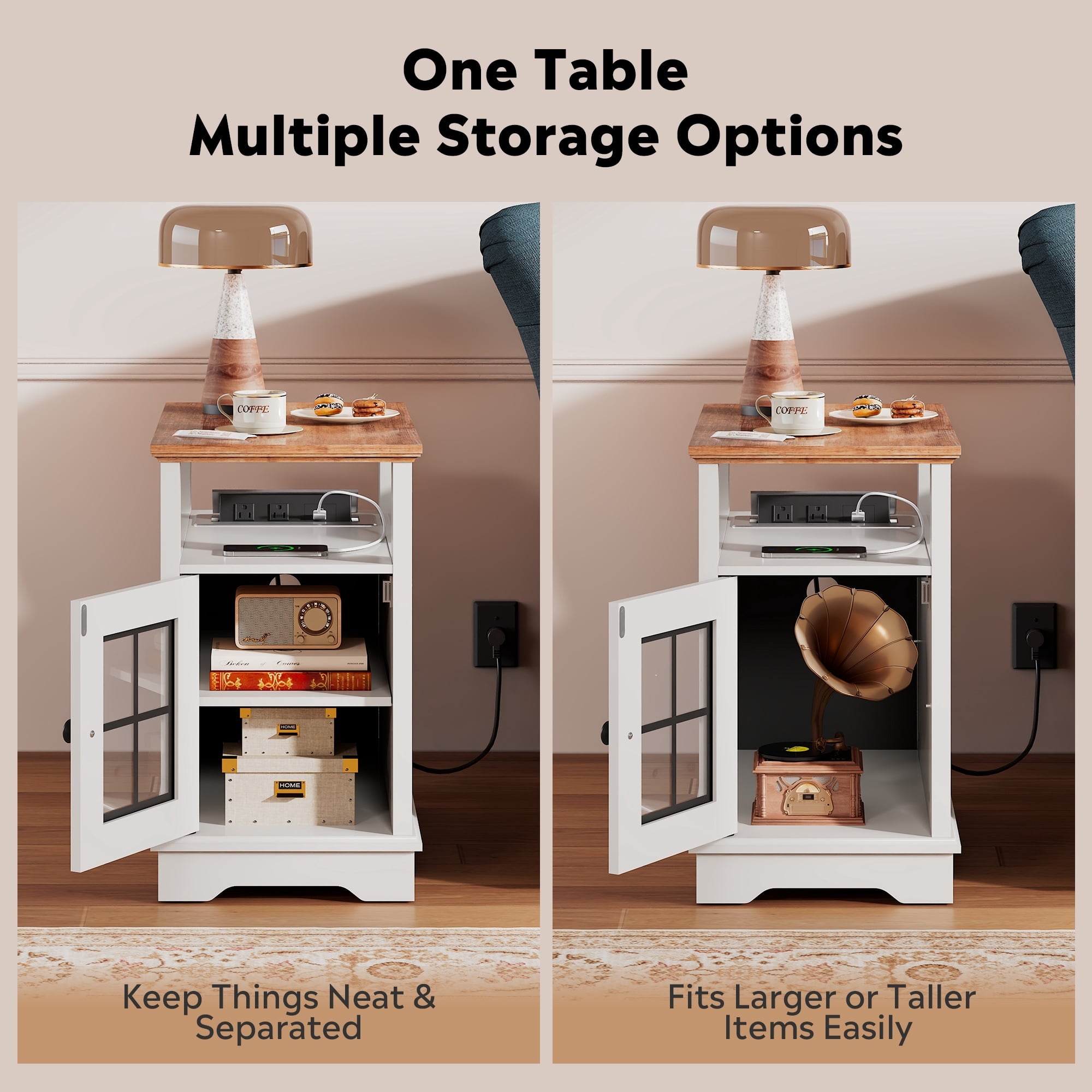 GALAXHERO Farmhouse End Table with Charging Station Narrow Side Table for Living Room Night Stand with Storage, Nightstand with USB Ports and Outlets for Bedroom