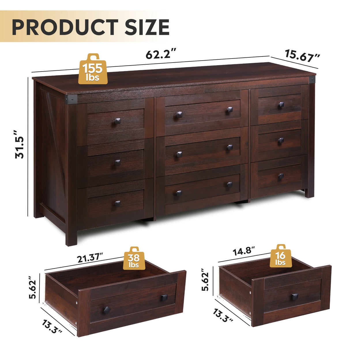 GALAXHERO Farmhouse 9 Drawer Wood Dresser, 63" Wide Storage Organizer with Double Rustic Handles, TV Stand for 70" TV, Chest of Drawers for Bedroom, Living Room