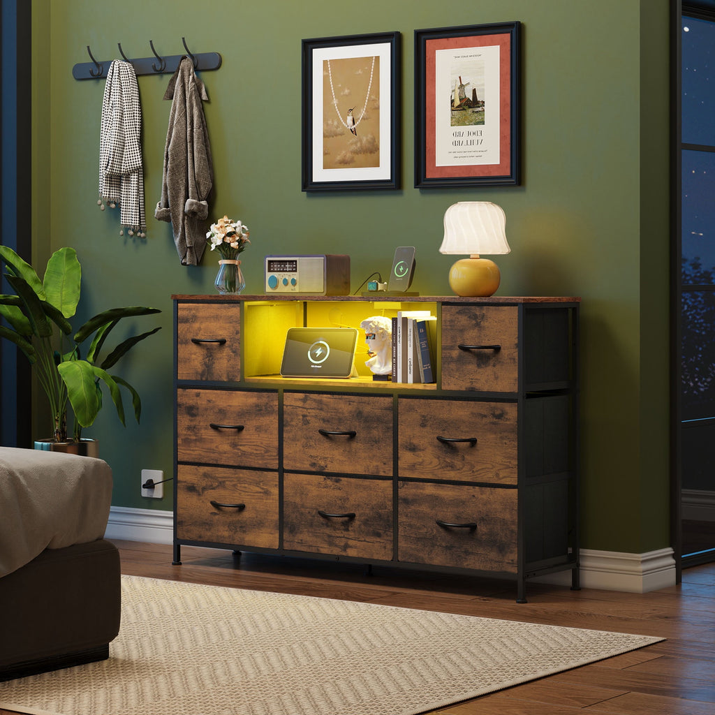GALAXHERO 8-Drawer Fabric Dresser with Charging Station and LED Lights, TV Stand for 55-Inch TV, Storage Chest with Open Shelves for Bedroom, Living Room, Closet
