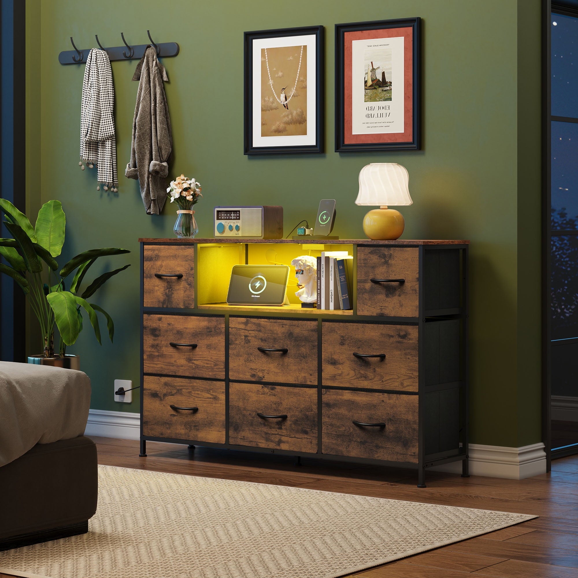 GALAXHERO 8-Drawer Fabric Dresser with Charging Station and LED Lights, TV Stand for 55-Inch TV, Storage Chest with Open Shelves for Bedroom, Living Room, Closet